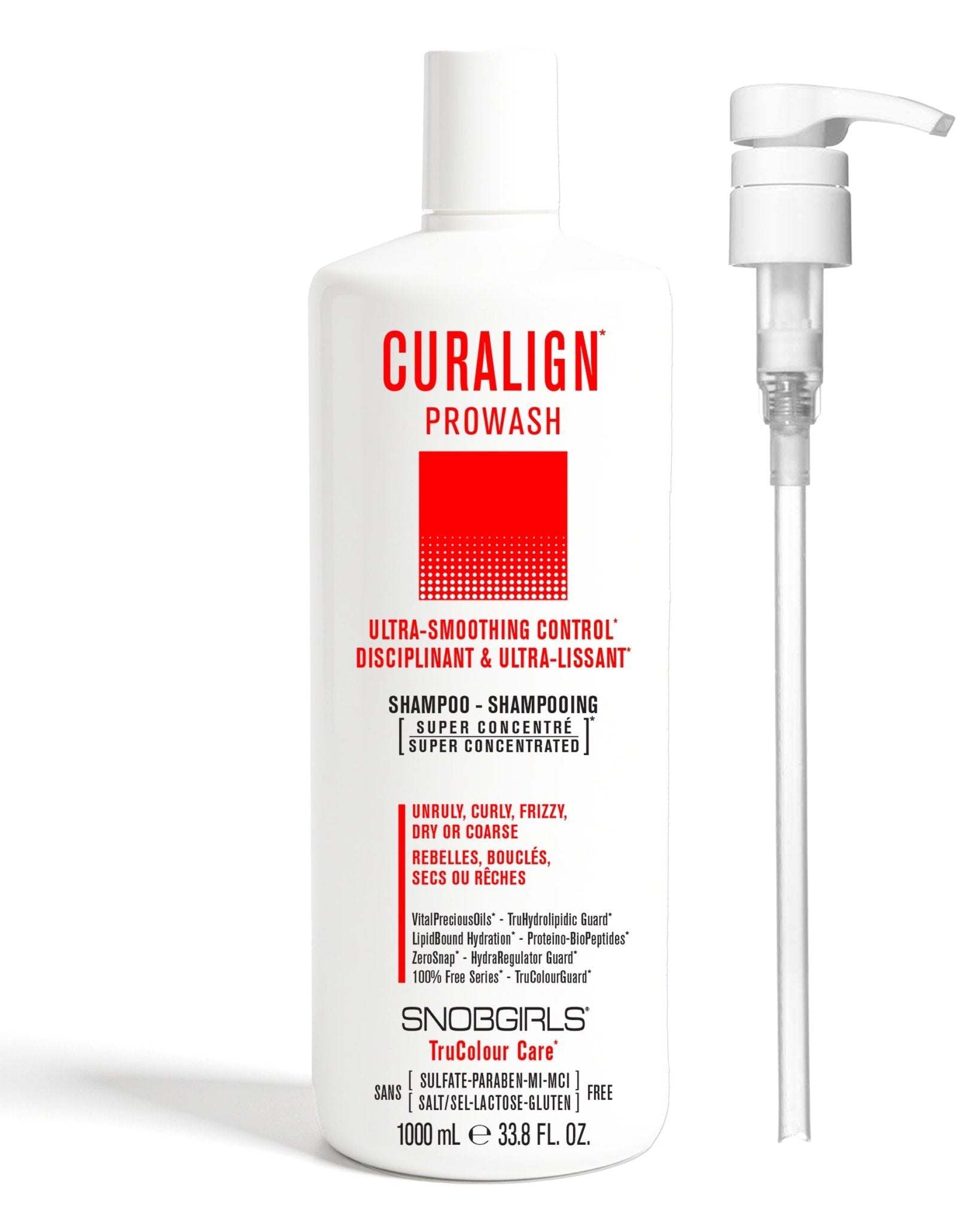 CURALIGN Prowash Vegan Hair Shampoo bottle with pump for unruly, curly, frizzy, dry hair, ultra-smoothing control and super concentrated formula