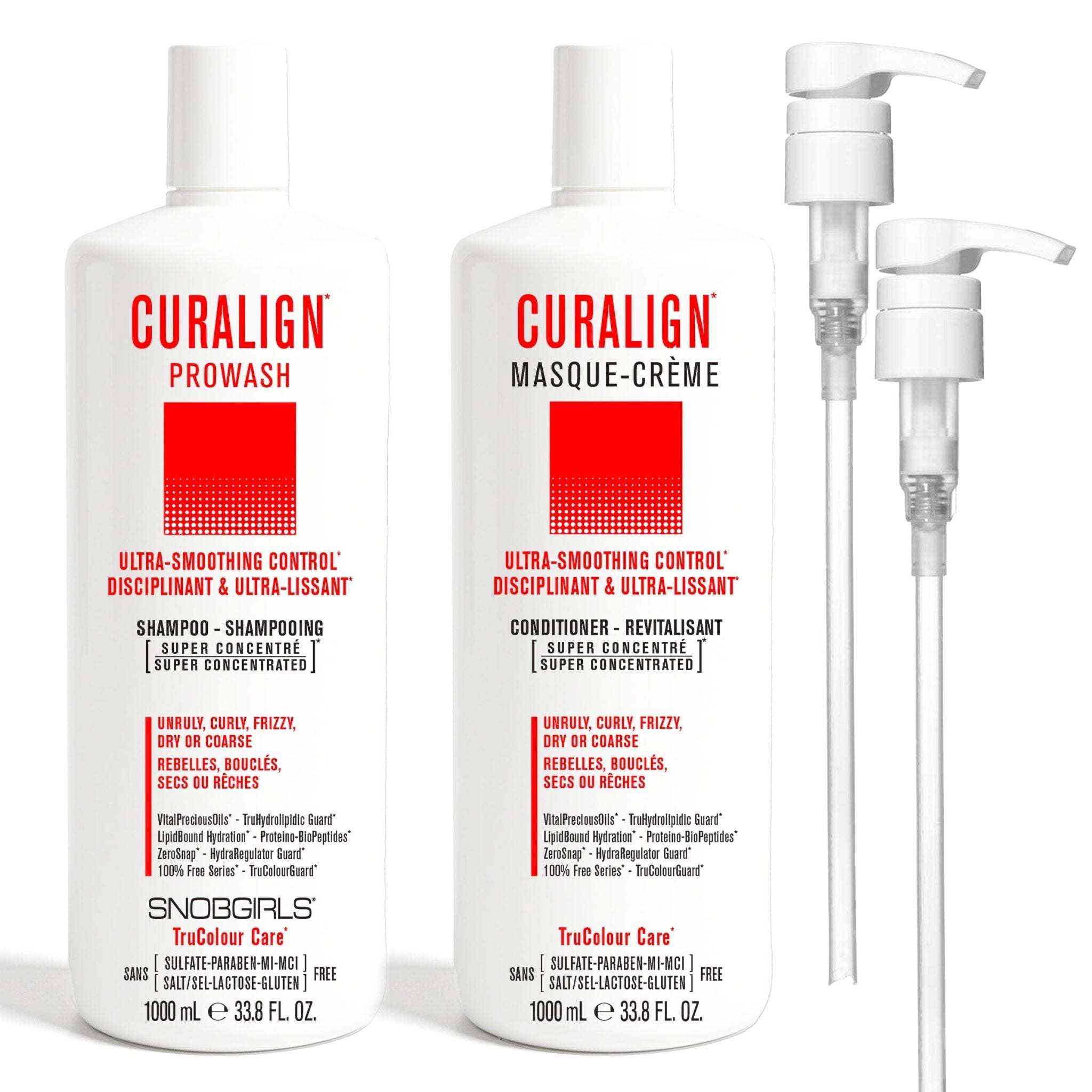 DUO CURALIGN ProWash shampoo and Masque-Creme conditioner for unruly, curly, frizzy, dry or coarse hair, sulfate and paraben free, 1000 mL bottles with pumps