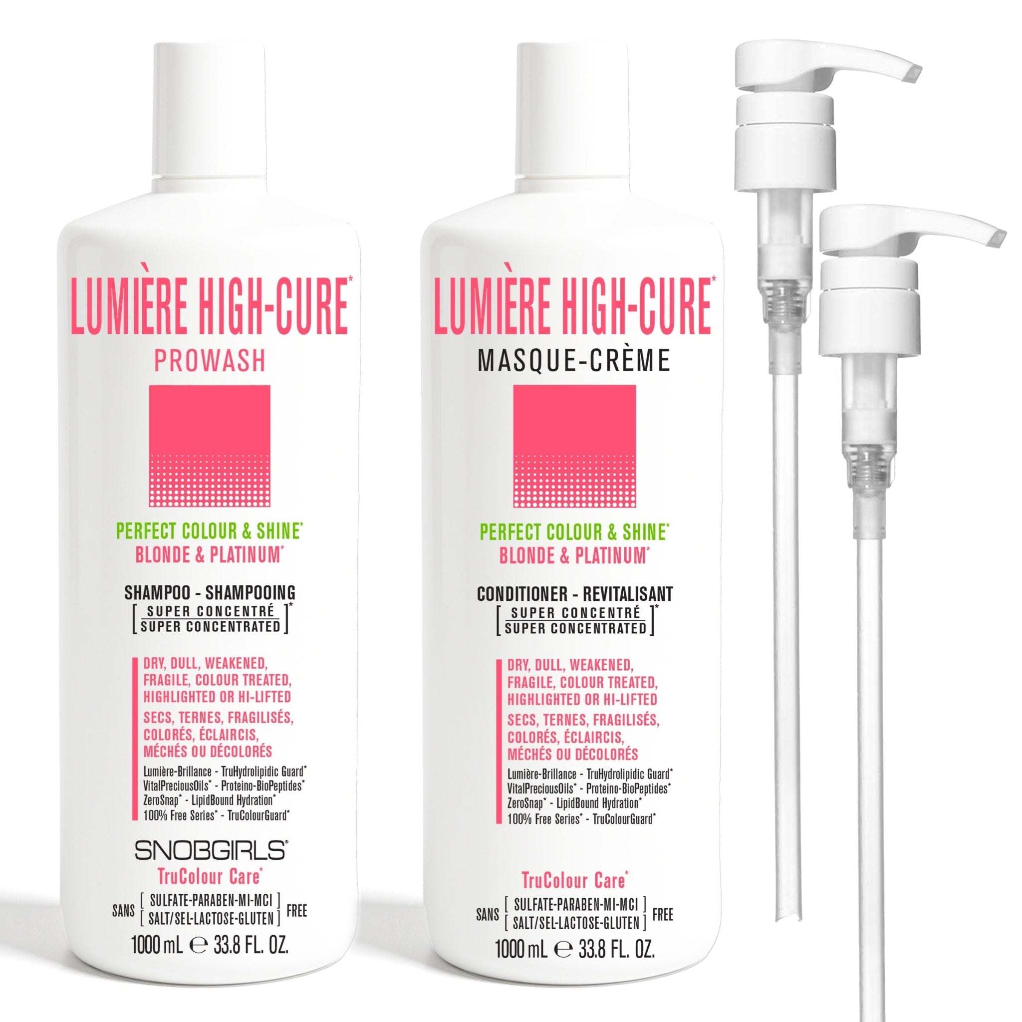 LUMIÈRE HIGH-CURE prowash and masque-creme duo for color-treated blonde and platinum hair, sulfate-free, nourishing and protecting.