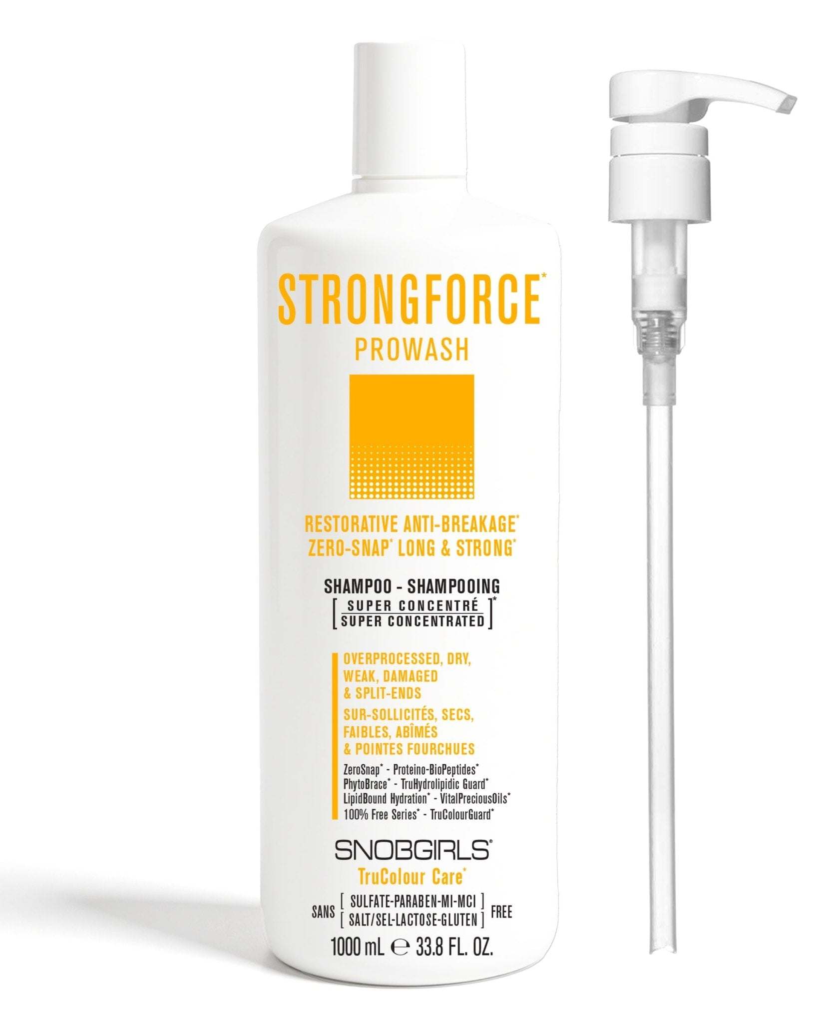 Strongforce Prowash vegan hair shampoo for damaged, overprocessed hair with anti-breakage formula and pump dispenser