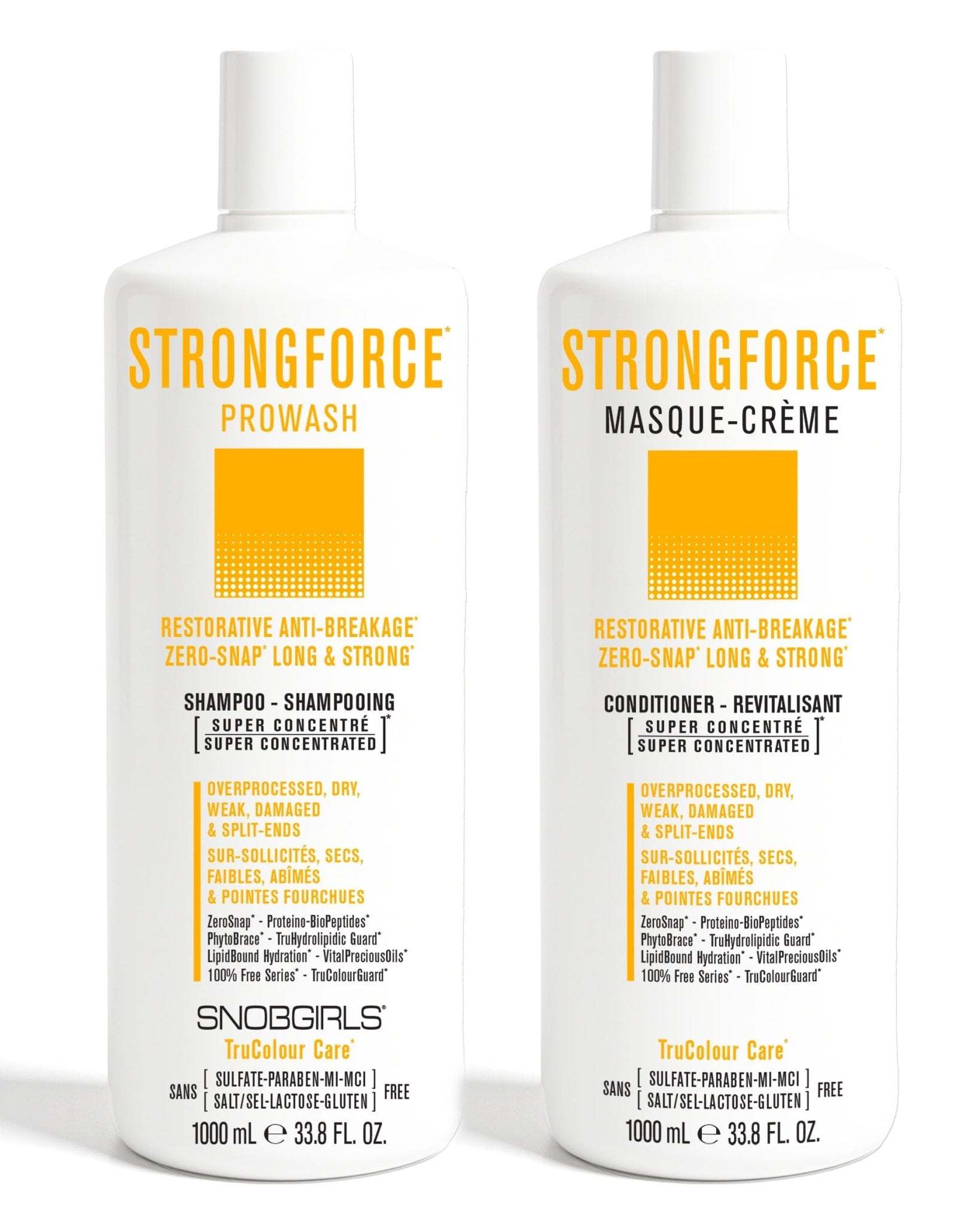 STRONGFORCE Shampoo Conditioner duo for restoring and strengthening overprocessed, dry, and damaged hair with vegan nourishing formula