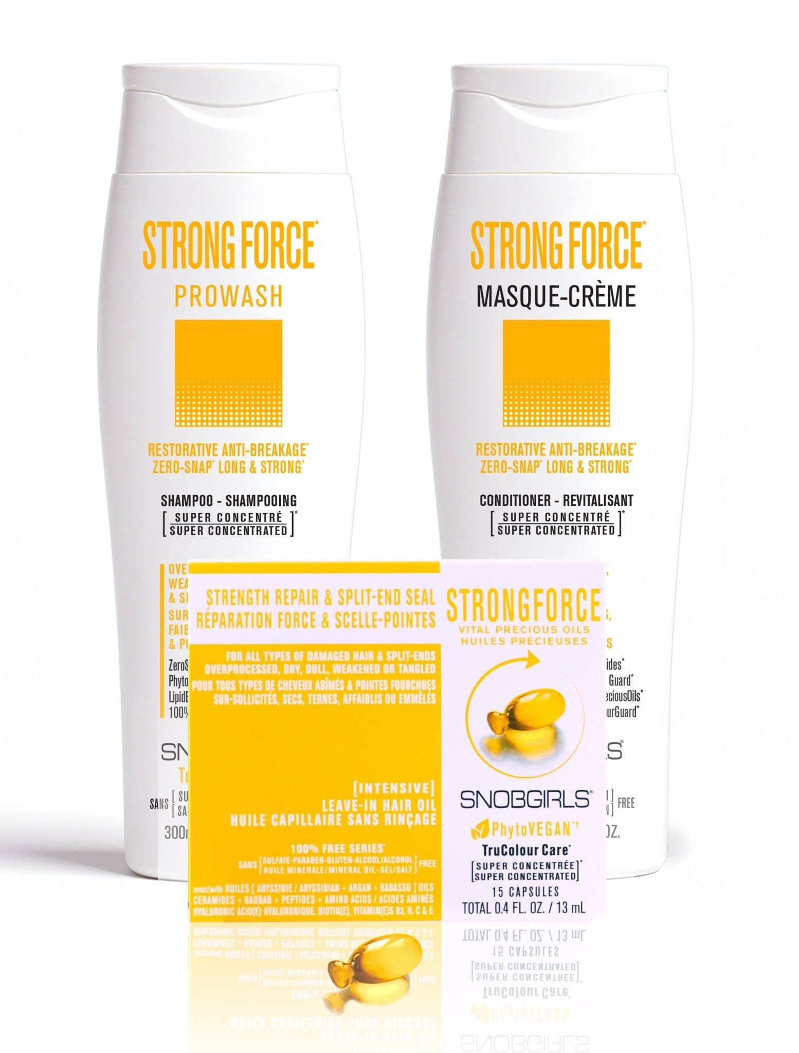 Trio STRONGFORCE Vegan Shampoo, Conditioner, and Hair Oil for strength repair and split-end seal, suitable for overprocessed, dry, weak, and damaged hair