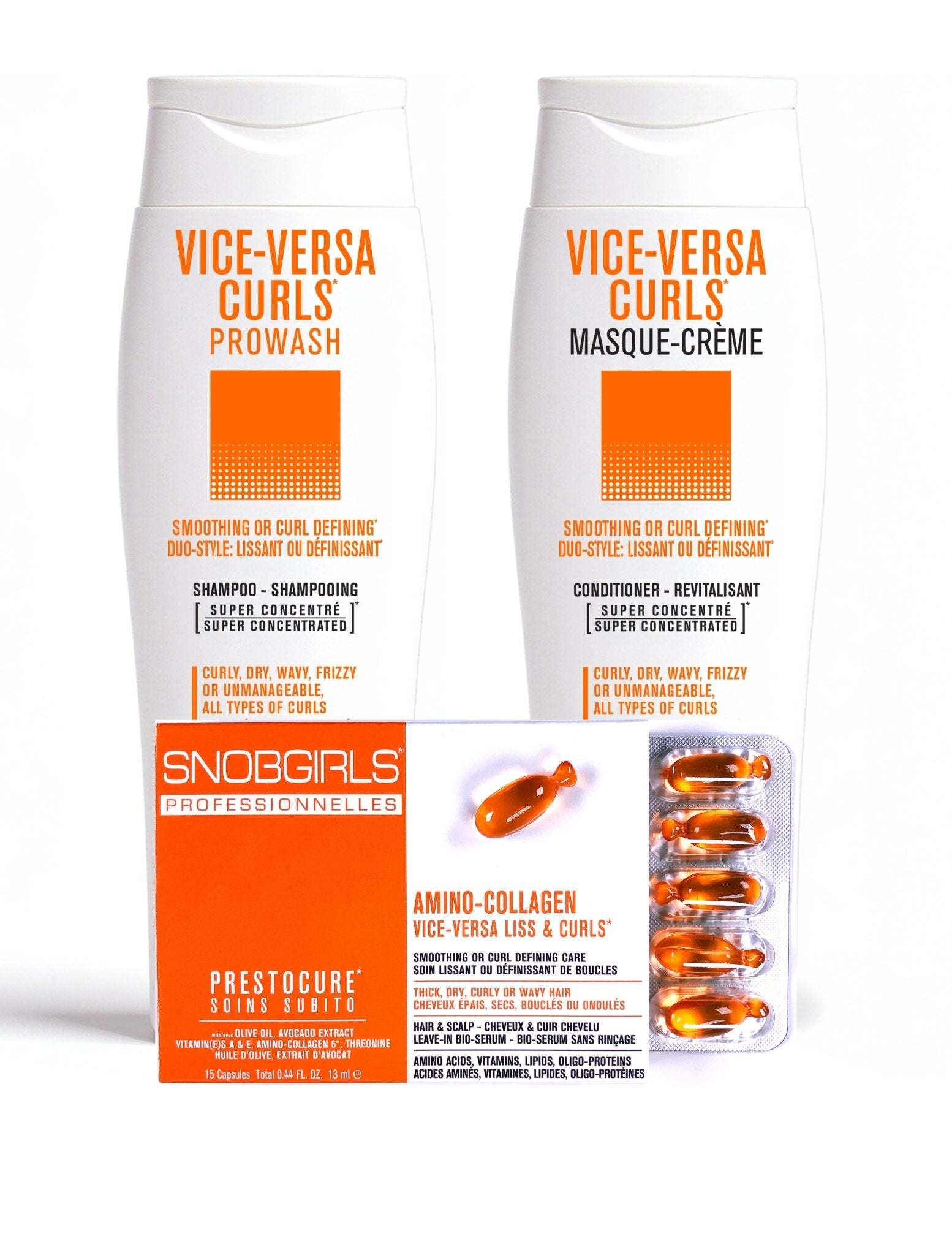 Trio VICE-VERSA CURLS Vegan Shampoo, Conditioner, Hair OilSMOOTHING OR CURL DEFININGDUO-STYLE: LISSANT OU DEFINISSANT
For Curly, Dry, Wavy, Frizzy or Unmanageable Hair, All Types of Curls
1 X VICE-VERSA CURLS Vegan Shampoo SNOBGIRLS.com