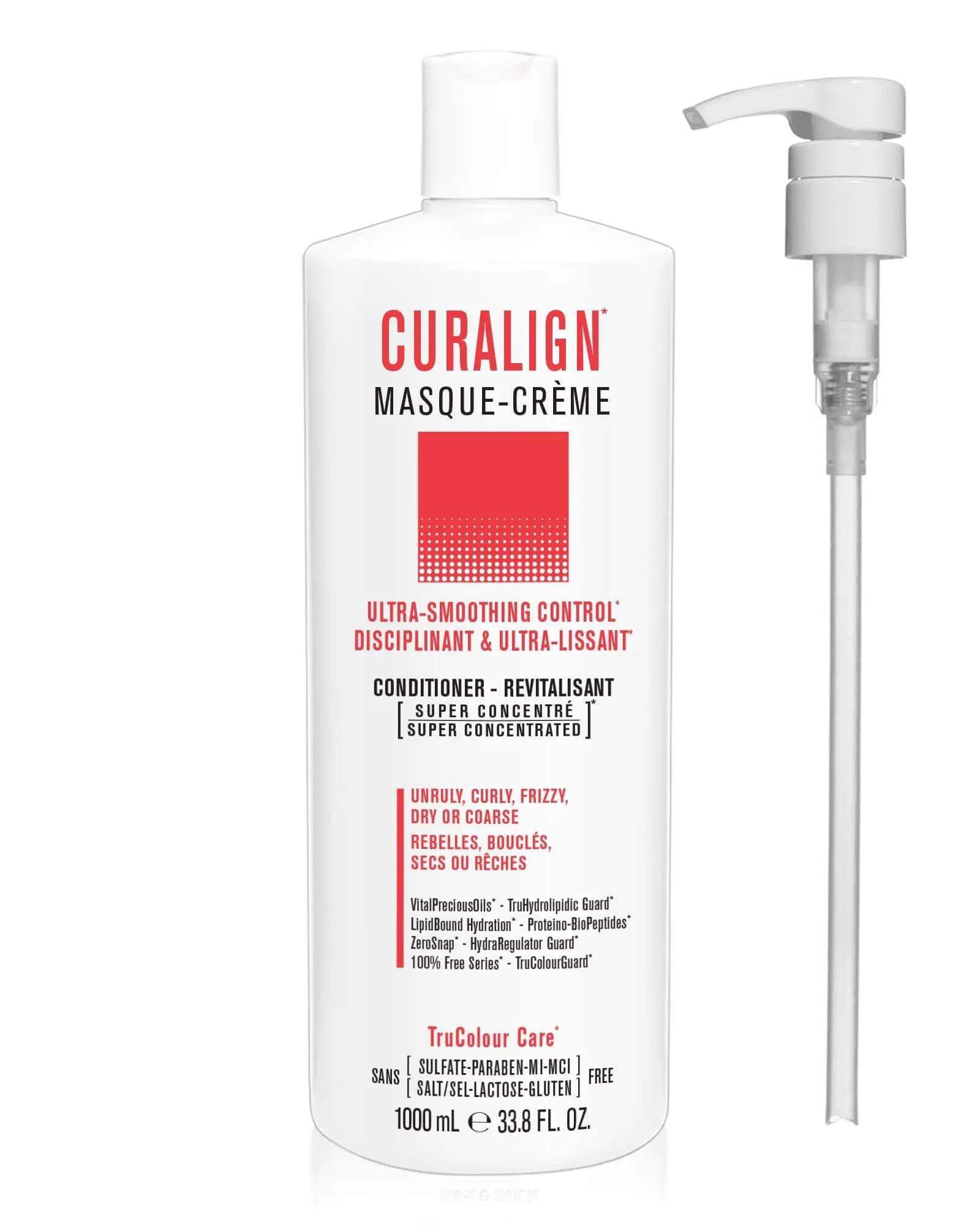 CURALIGN Masque-Creme vegan ultra-smoothing hair conditioner for unruly, curly, frizzy, dry, or coarse hair with pump dispenser