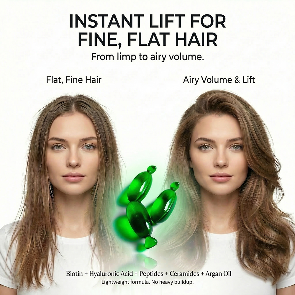 BODYDENSE Vegan Hair Oil capsule for volume and body lift, nourishing fine and delicate hair with argan, moringa, and marula oils.