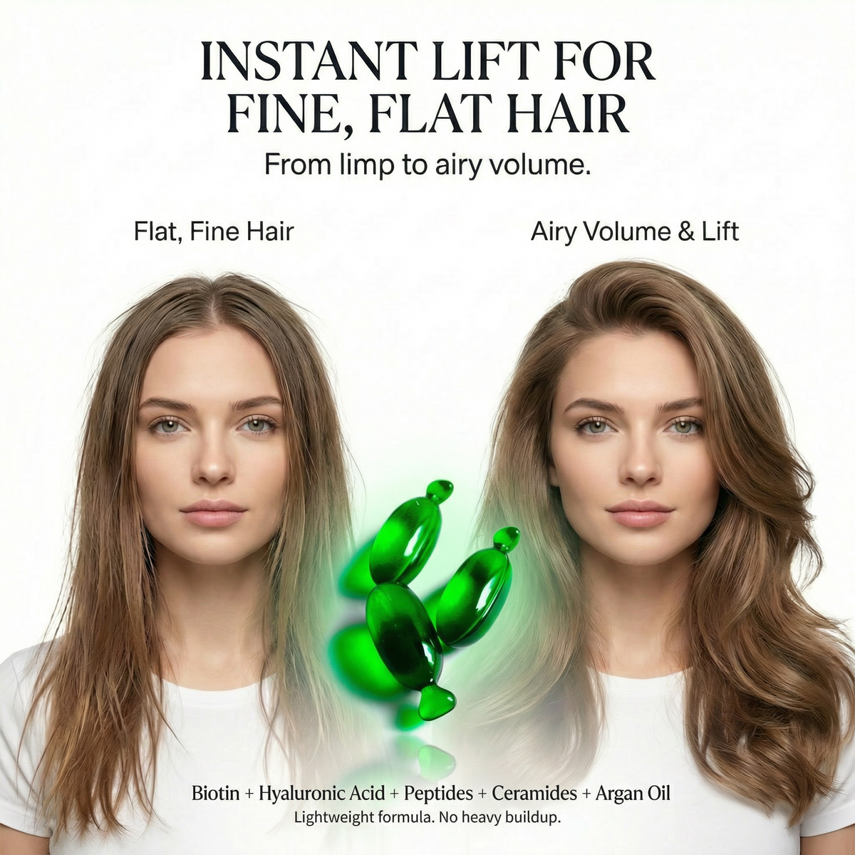 BODYDENSE Vegan Hair Oil capsules with argan, moringa, and marula oils for volume, shine, and frizz control