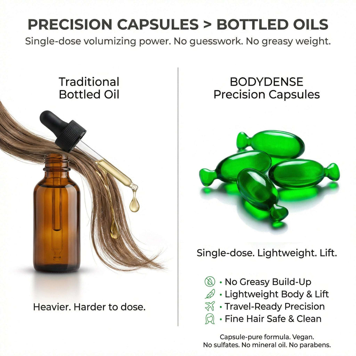 BODYDENSE Vegan Hair Oil capsules for volume and body lift with argan, moringa, and marula oils