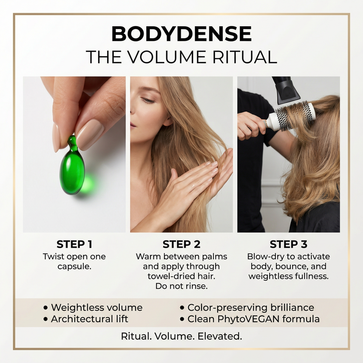 BODYDENSE Vegan Shampoo, Conditioner, and Hair Oil Trio for weightless volume and body lift