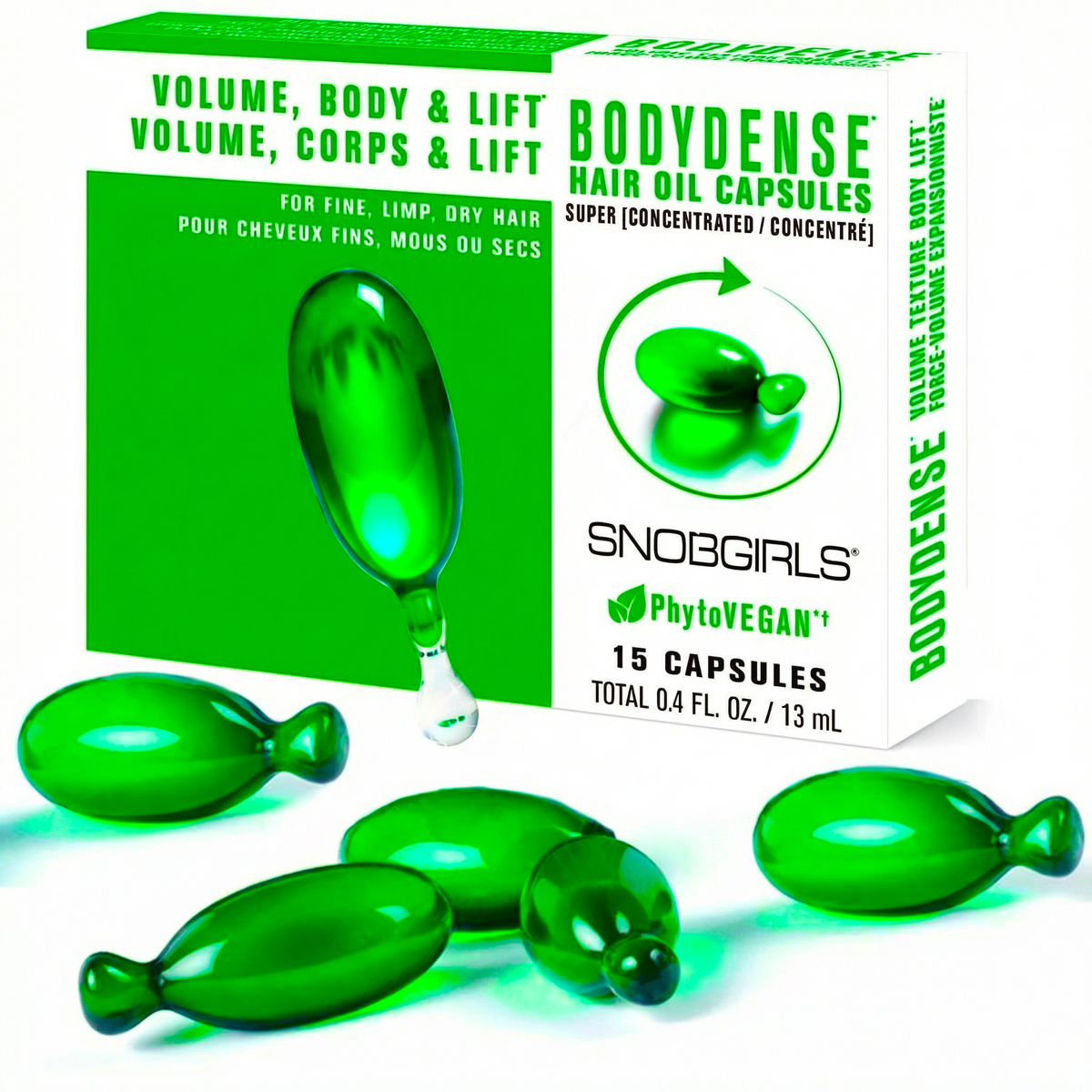 BODYDENSE Vegan Hair Oil capsule with argan, moringa, and marula oils for volume, shine, and hair body lift