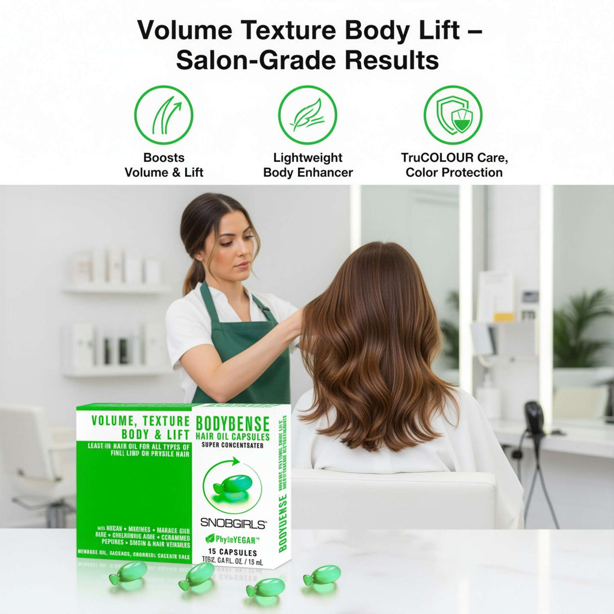 Trio BODYDENSE Vegan Shampoo, Conditioner, and Hair Oil capsules for volume, texture, and color protection in fine, frail hair