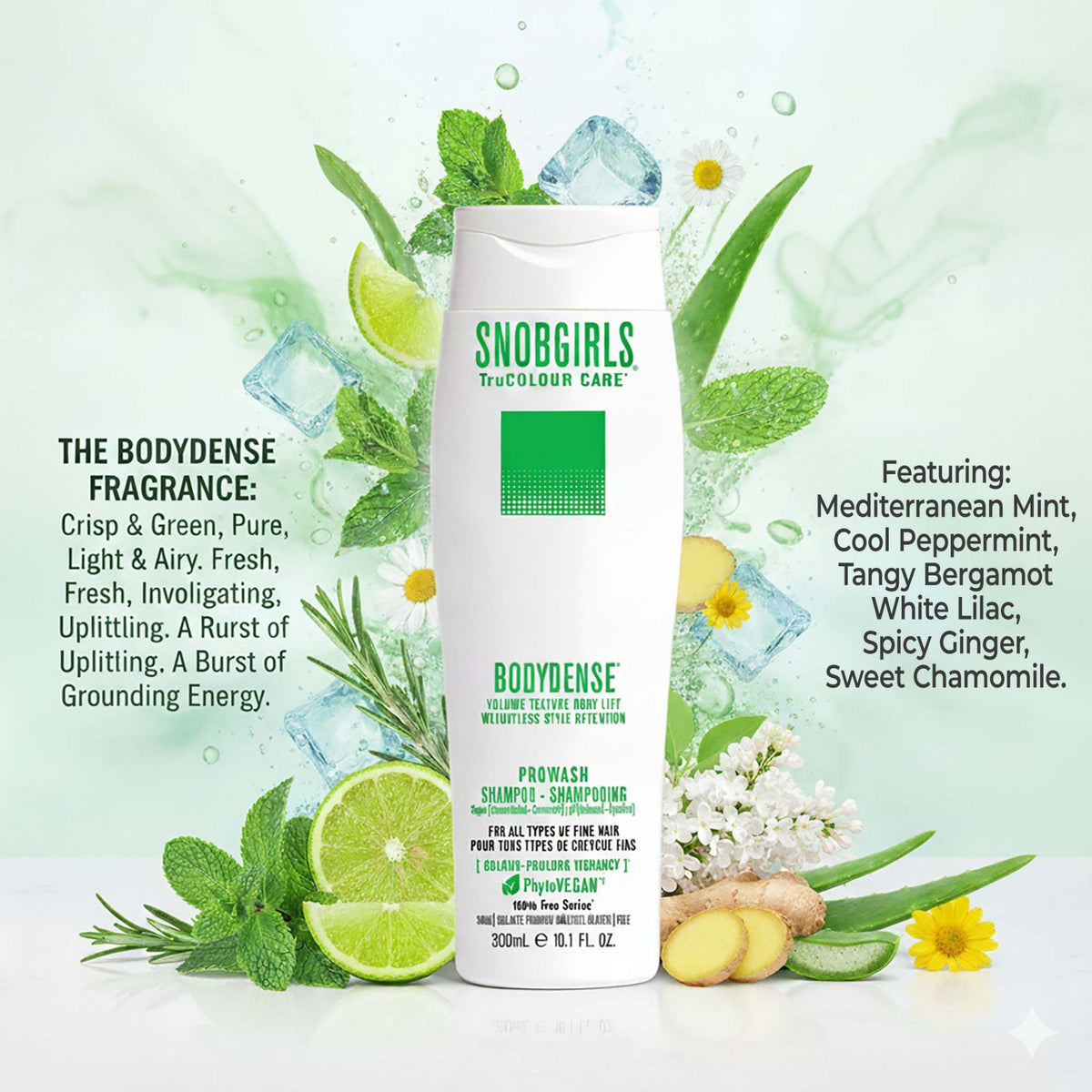 Snobgirls Trio BODYDENSE Vegan Shampoo, Conditioner, and Hair Oil with fresh botanical ingredients for fine, fragile hair volume and texture.