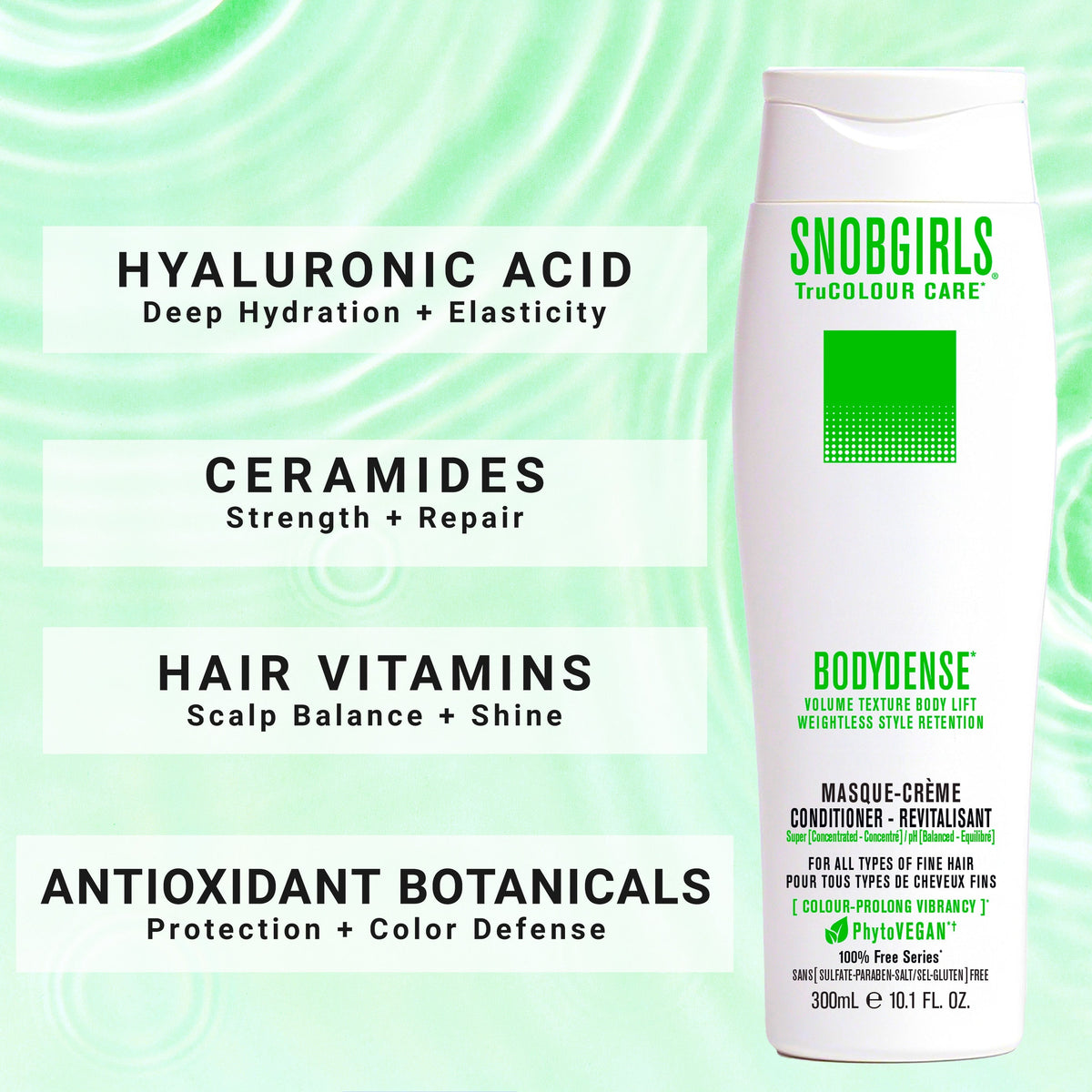 BODYDENSE Vegan Hair Conditioner by Snobgirls with hyaluronic acid, ceramides, hair vitamins, and antioxidant botanicals for volume, repair, and color protection.