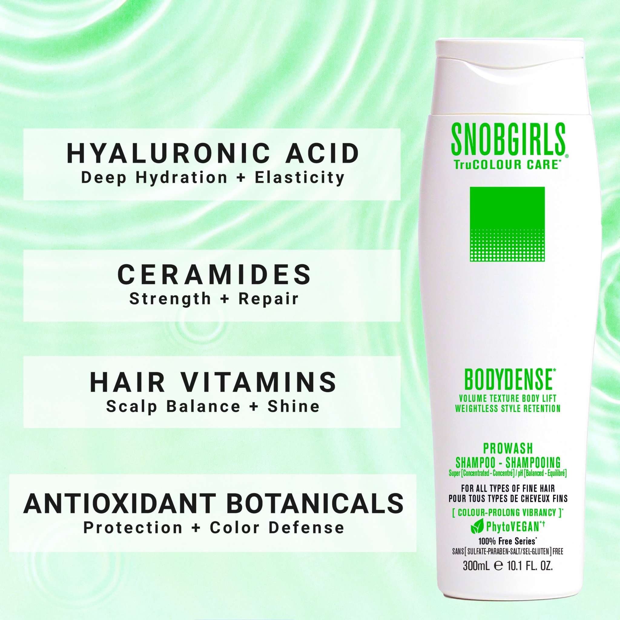 BODYDENSE Vegan Hair Shampoo bottle with key benefits including hyaluronic acid, ceramides, hair vitamins, and antioxidant botanicals for volume, strength, and color protection