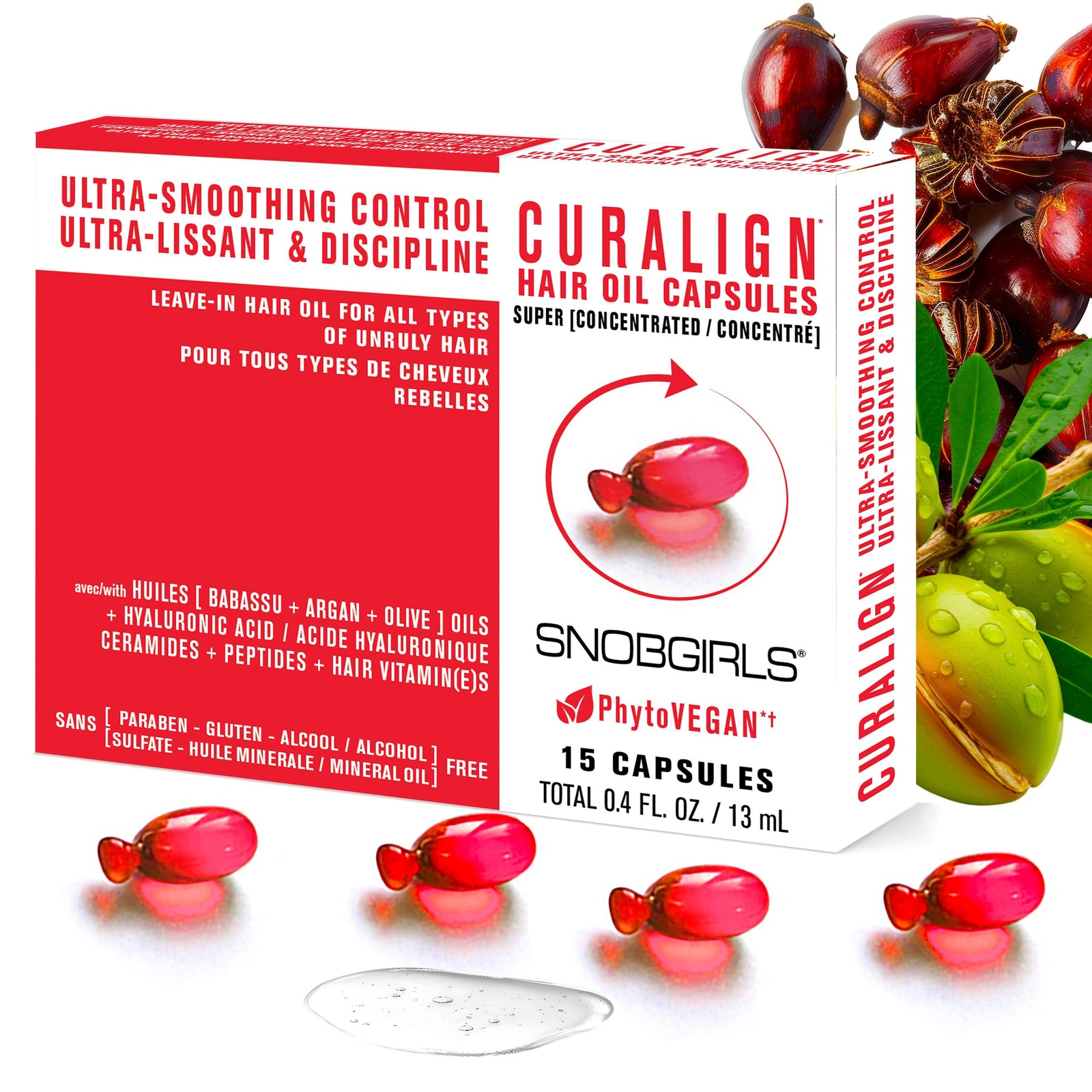 Curalign vegan hair oil capsules for ultra-smoothing control with babassu, argan, and olive oils, lightweight and non-greasy formula for frizz-prone and dry hair
