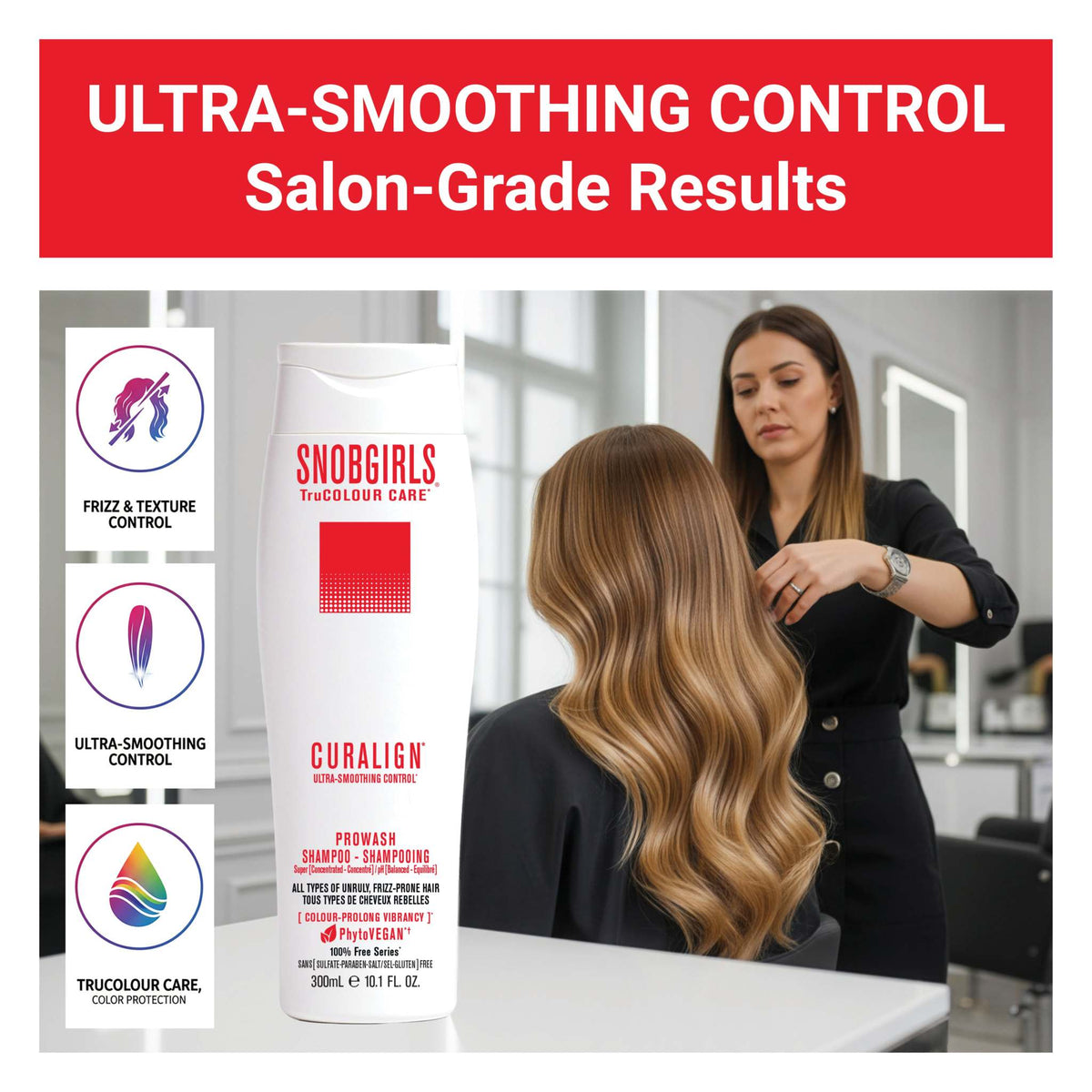 CURALIGN Prowash Vegan Hair Shampoo for frizz control and ultra-smoothing with TruColour Care in salon setting
