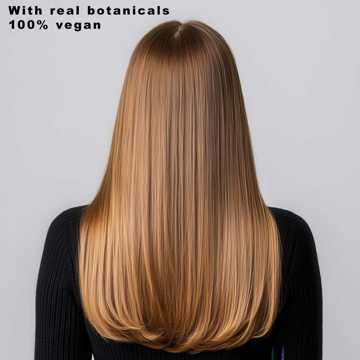Back view of smooth, shiny hair illustrating the effect of DETOXCURE Prowash vegan shampoo for detoxifying and color clarity with real botanicals