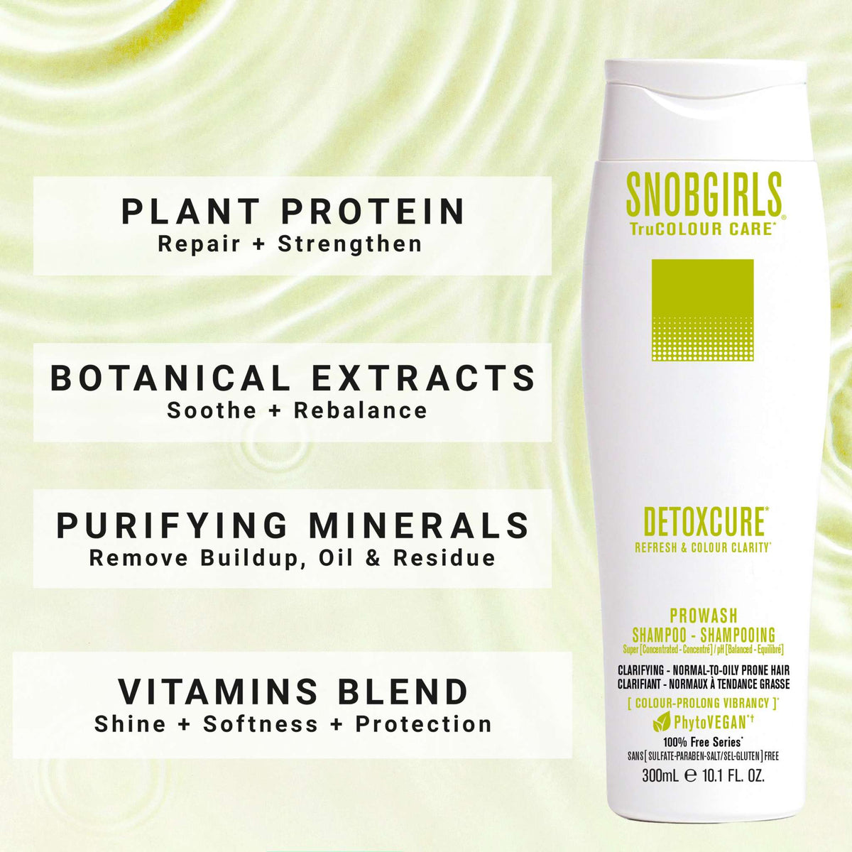 DETOXCURE Prowash vegan hair shampoo with plant protein, botanical extracts, purifying minerals, and vitamins blend for clarifying and detoxifying normal-to-oily prone, color-treated hair.