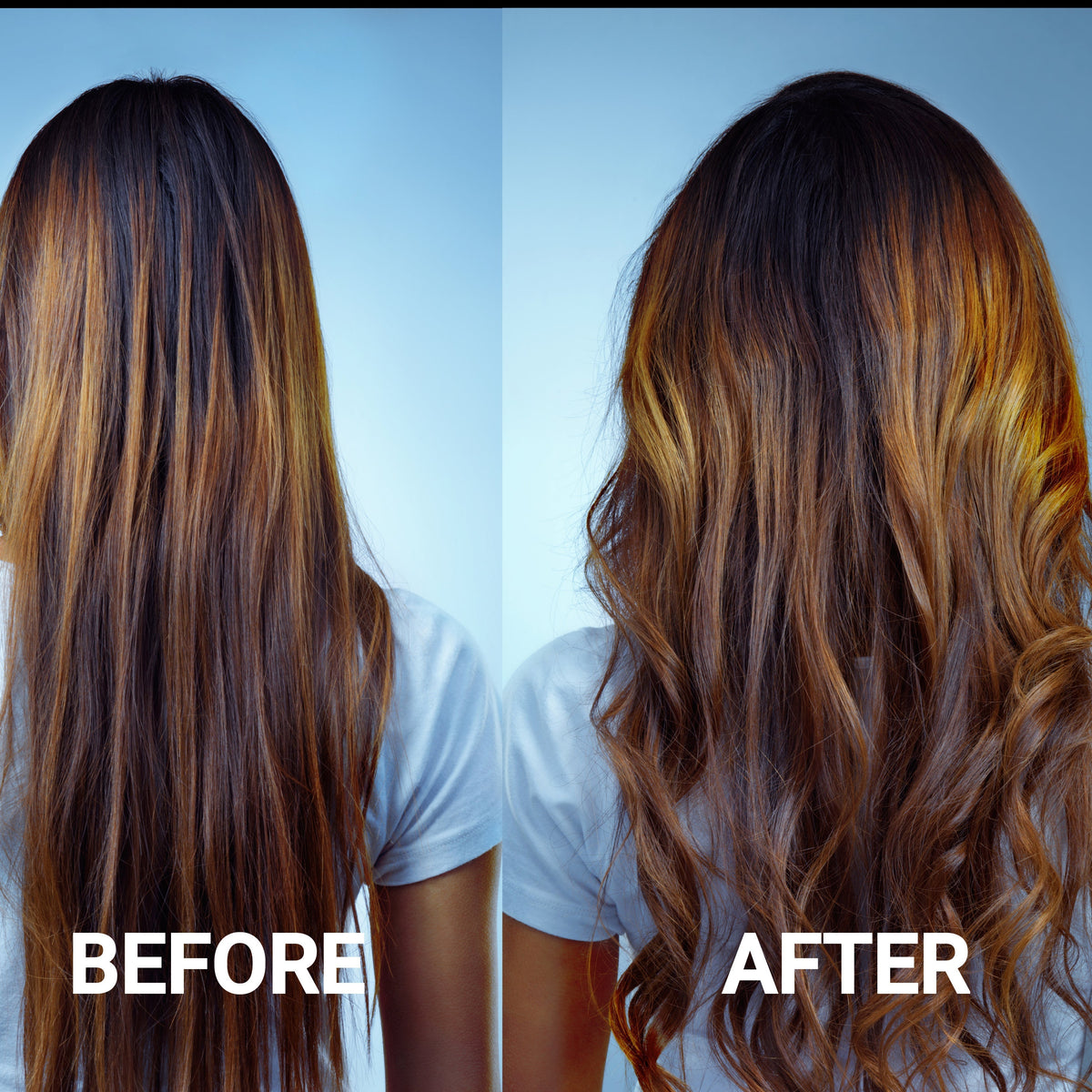 Before and after using BODYDENSE Vegan Hair Oil showing increased volume, texture, and shine on long hair