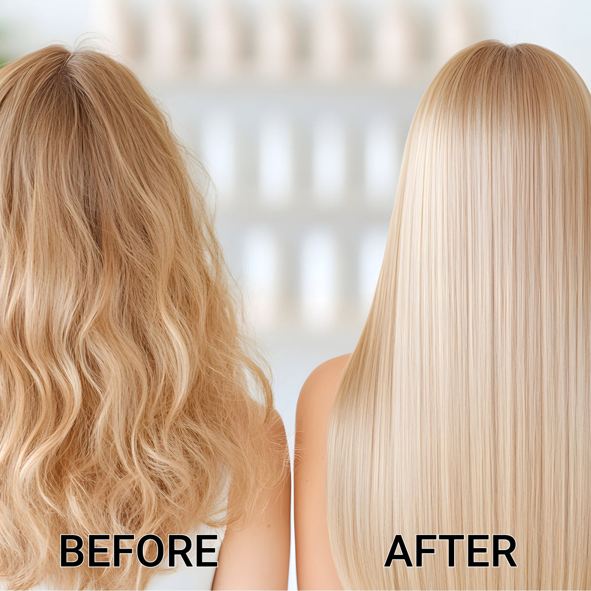Before and after results of using vegan hair oil on blonde hair showing improved smoothness and shine