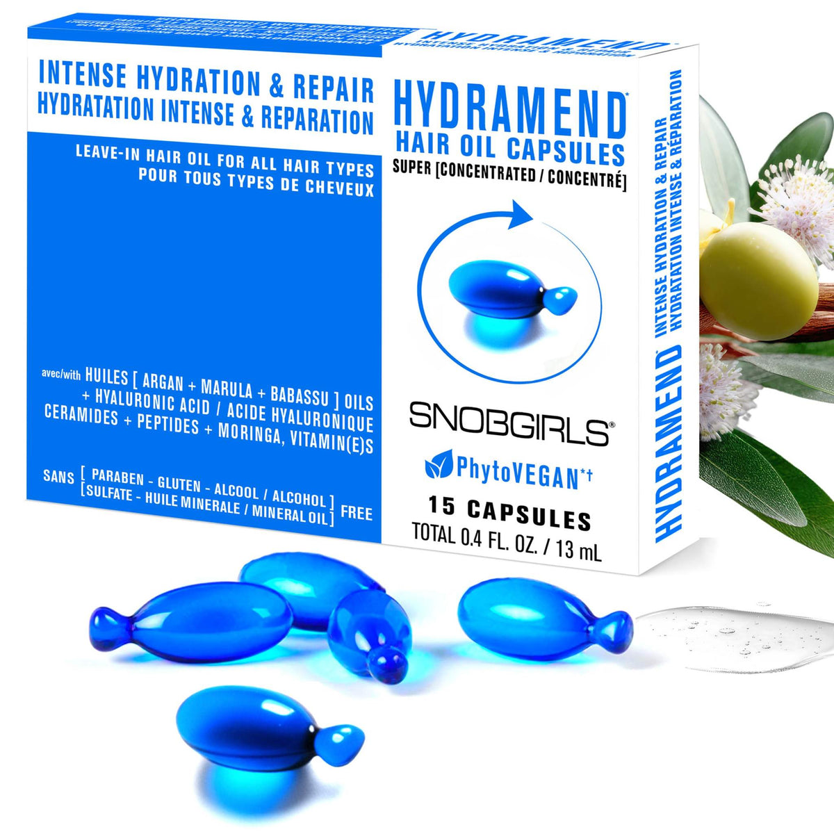 HYDRAMEND vegan hair oil capsules for intense hydration and repair with argan, marula, and babassu oils