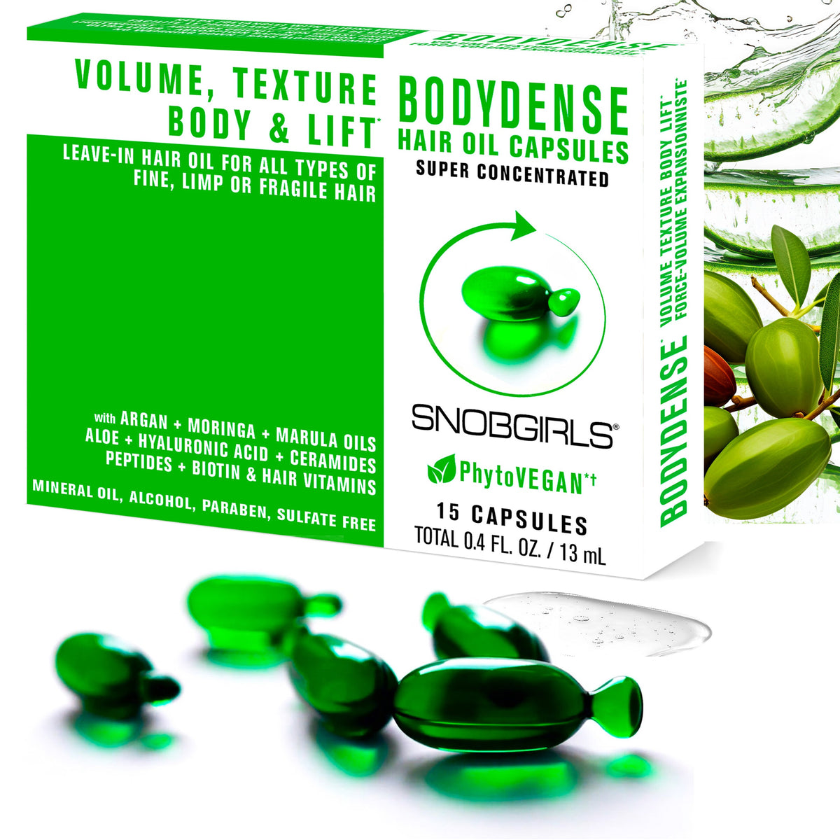 BODYDENSE Vegan Hair Oil capsules with argan, moringa, and marula oils for volume, texture, and body lift in fine or fragile hair