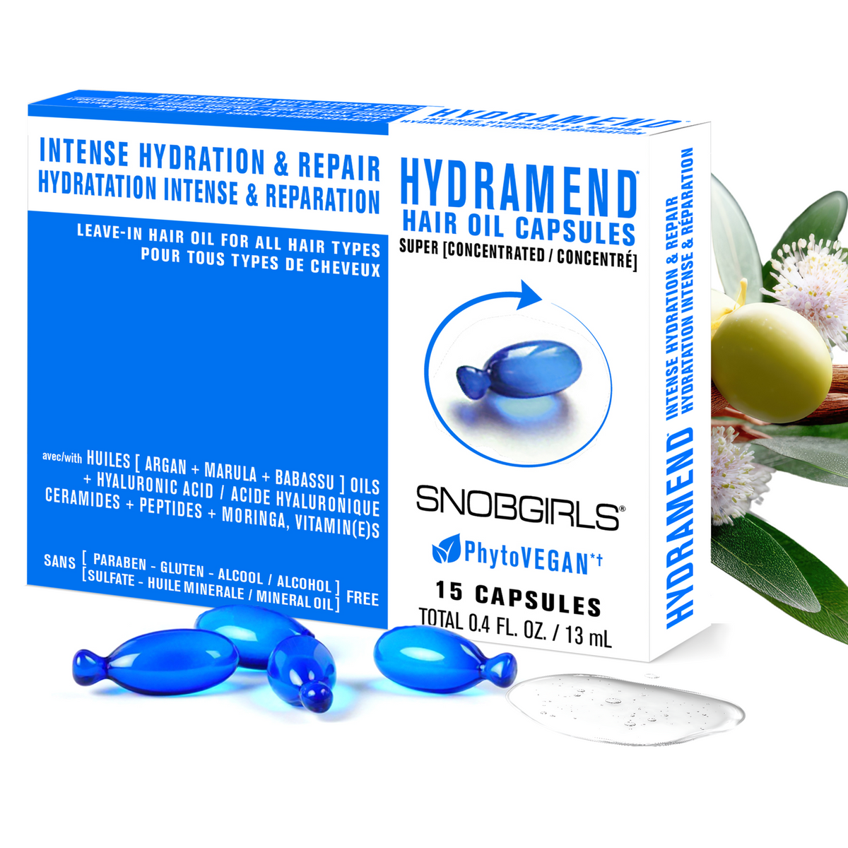 HYDRAMEND vegan shampoo conditioner and hair oil capsules for intense hydration and repair of damaged hair