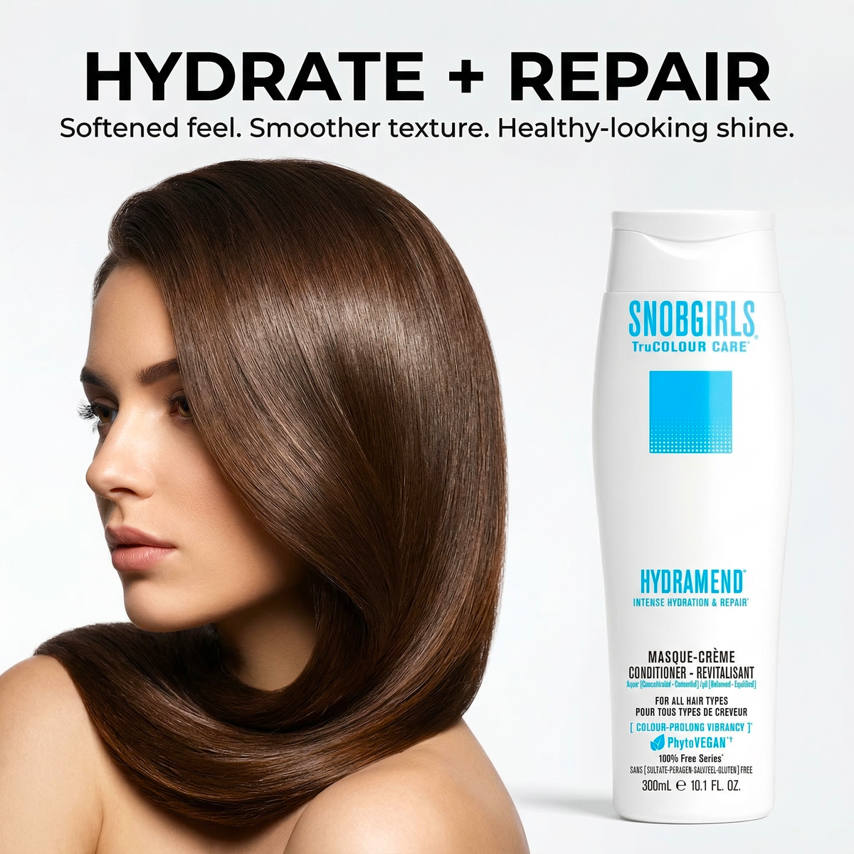 HYDRAMEND Masque-Creme vegan conditioner bottle with pump for intense hydration and repair of dry, damaged hair