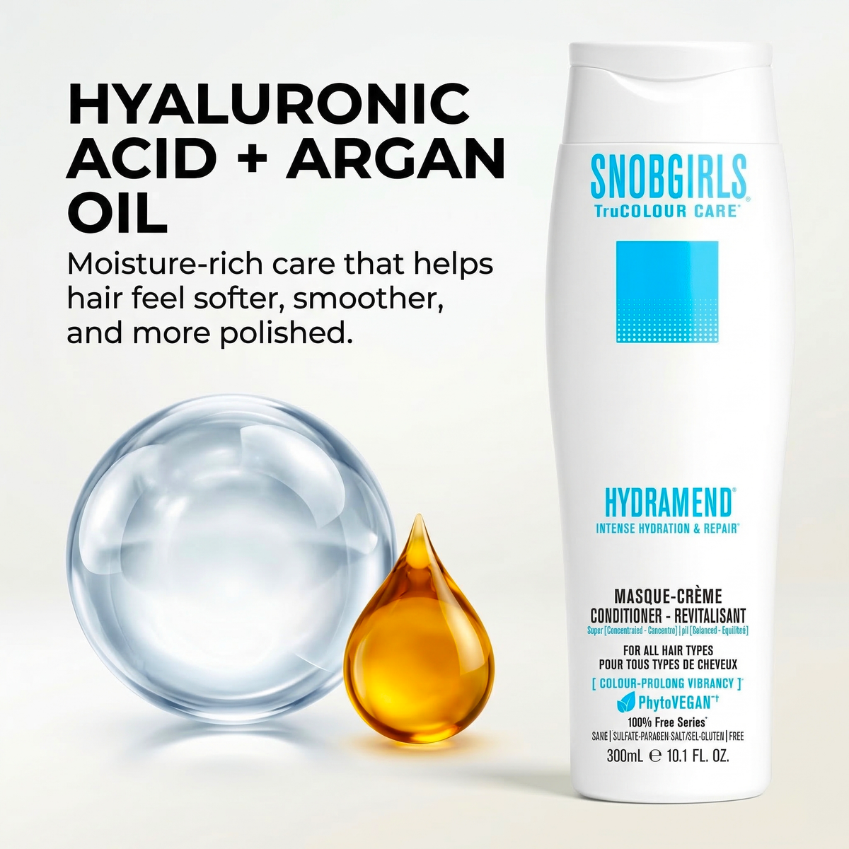 HYDRAMEND Vegan Hydrating Conditioner bottle with creamy texture for intense hydration and repair of dry, damaged hair