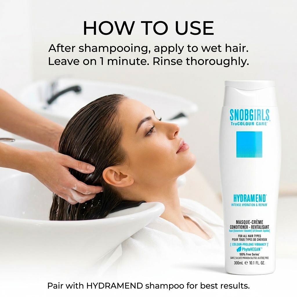 HYDRAMEND Masque-Crème Vegan Hydrating Conditioner bottle with pump for intense hair hydration and repair