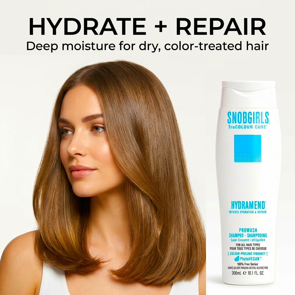 HYDRAMEND Vegan Hydrating Shampoo bottle with hydrated, soft hair concept for dry damaged strands