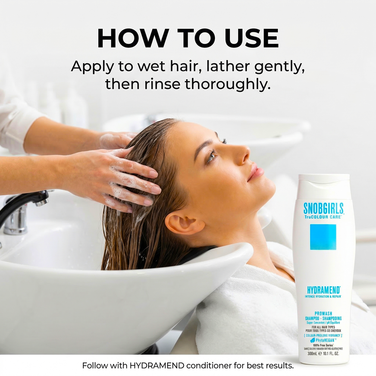 Bottle of HYDRAMEND Vegan Hydrating Shampoo for dry, damaged, brittle hair with intense hydration and repair formula