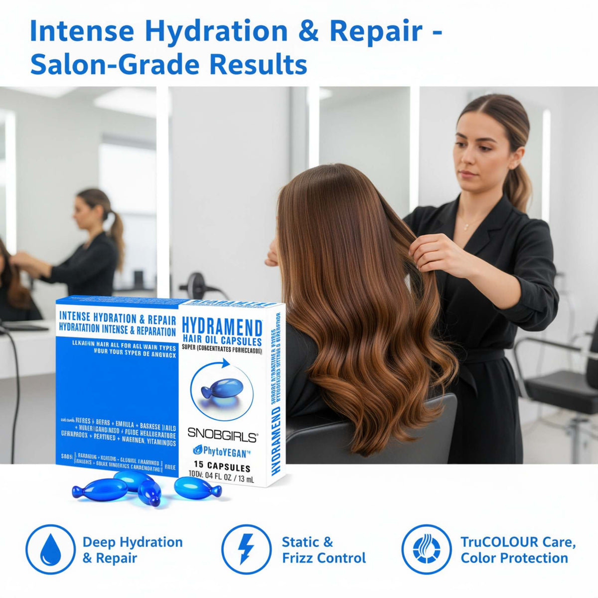 HYDRAMEND Vegan Shampoo conditioner and hair oil capsules with deep hydration repair and color protection