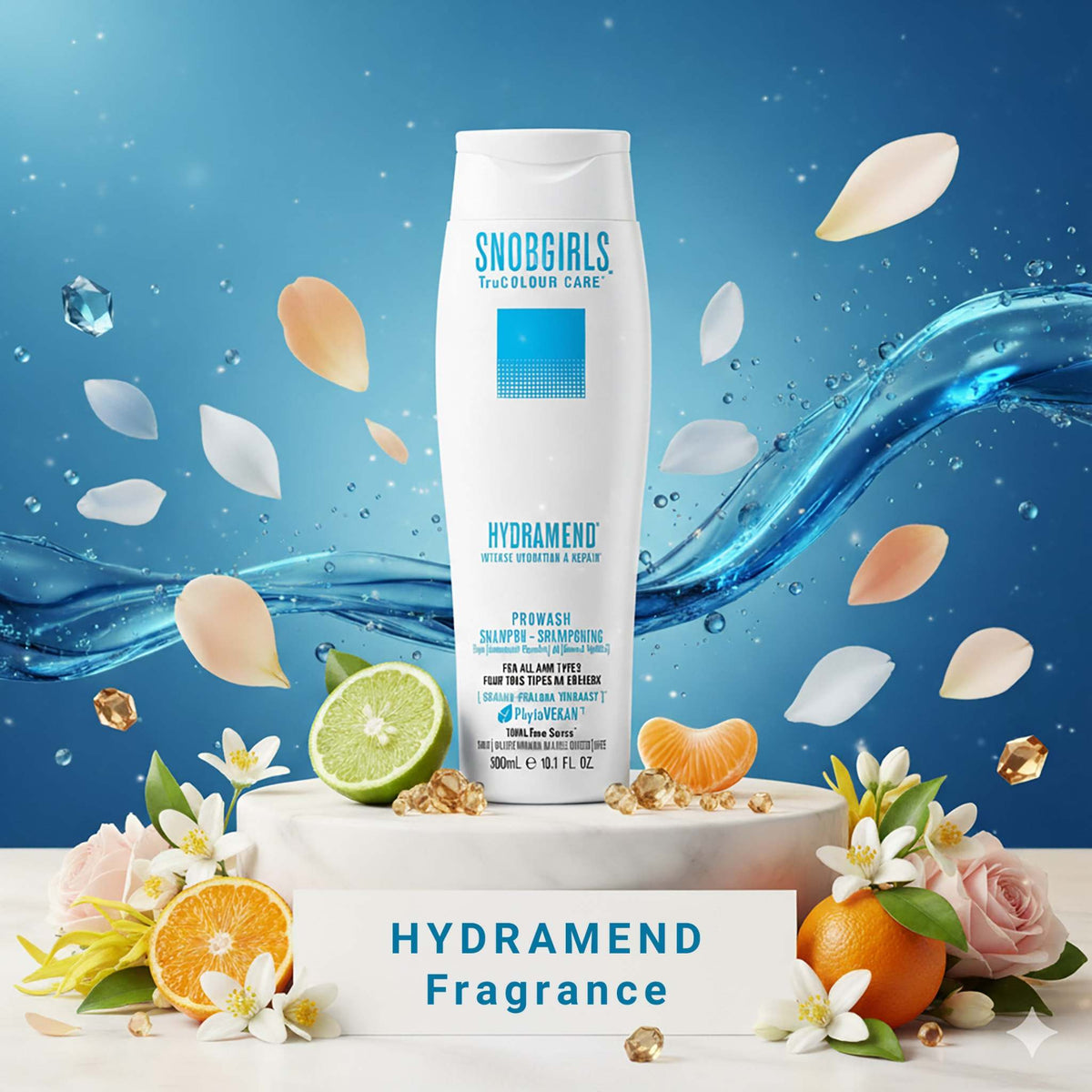HYDRAMEND Hydrating Shampoo bottle with citrus fruits and floral elements on blue background