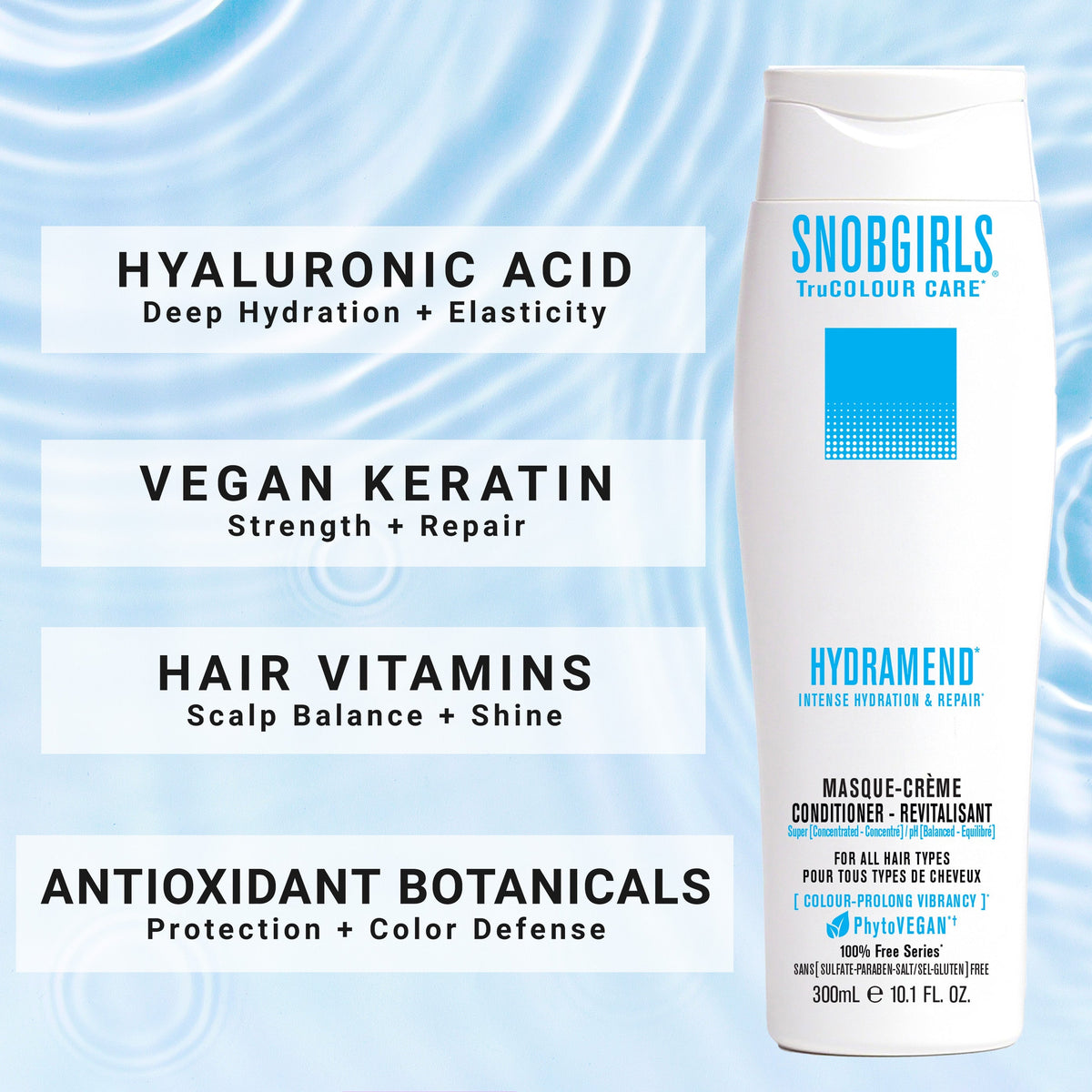 HYDRAMEND Masque-Creme vegan hydrating conditioner bottle with hyaluronic acid, vegan keratin, hair vitamins, and antioxidant botanicals benefits on blue water background