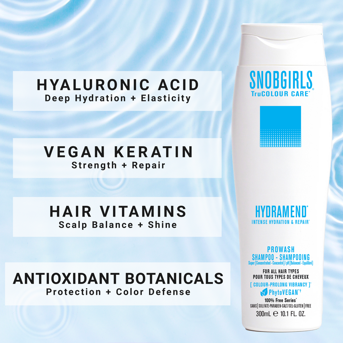 HYDRAMEND Hydrating Shampoo by SNORGIRLS with hyaluronic acid, vegan keratin, hair vitamins, and antioxidant botanicals for intense hydration and repair
