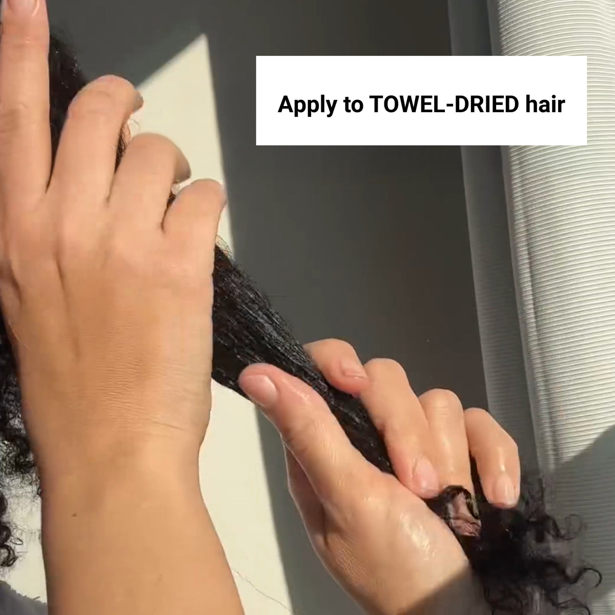 Applying PROCURE Vegan Hair Oil to towel-dried curly hair for nourishment and protection