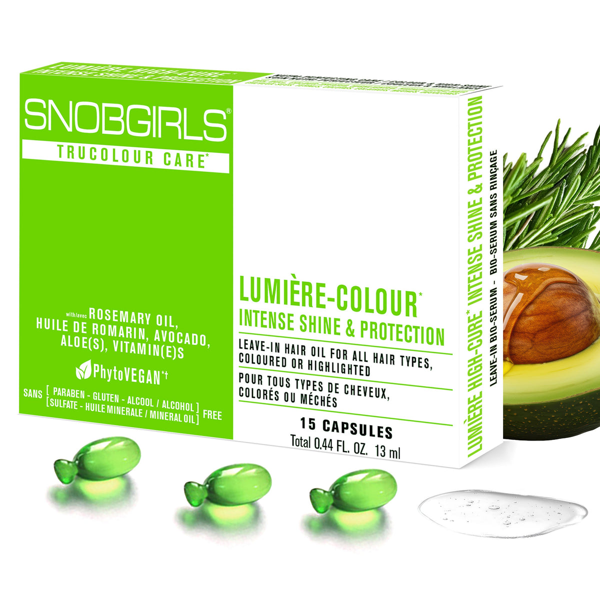 Vegan hair oil capsules with rosemary, avocado, and aloe for shine and protection