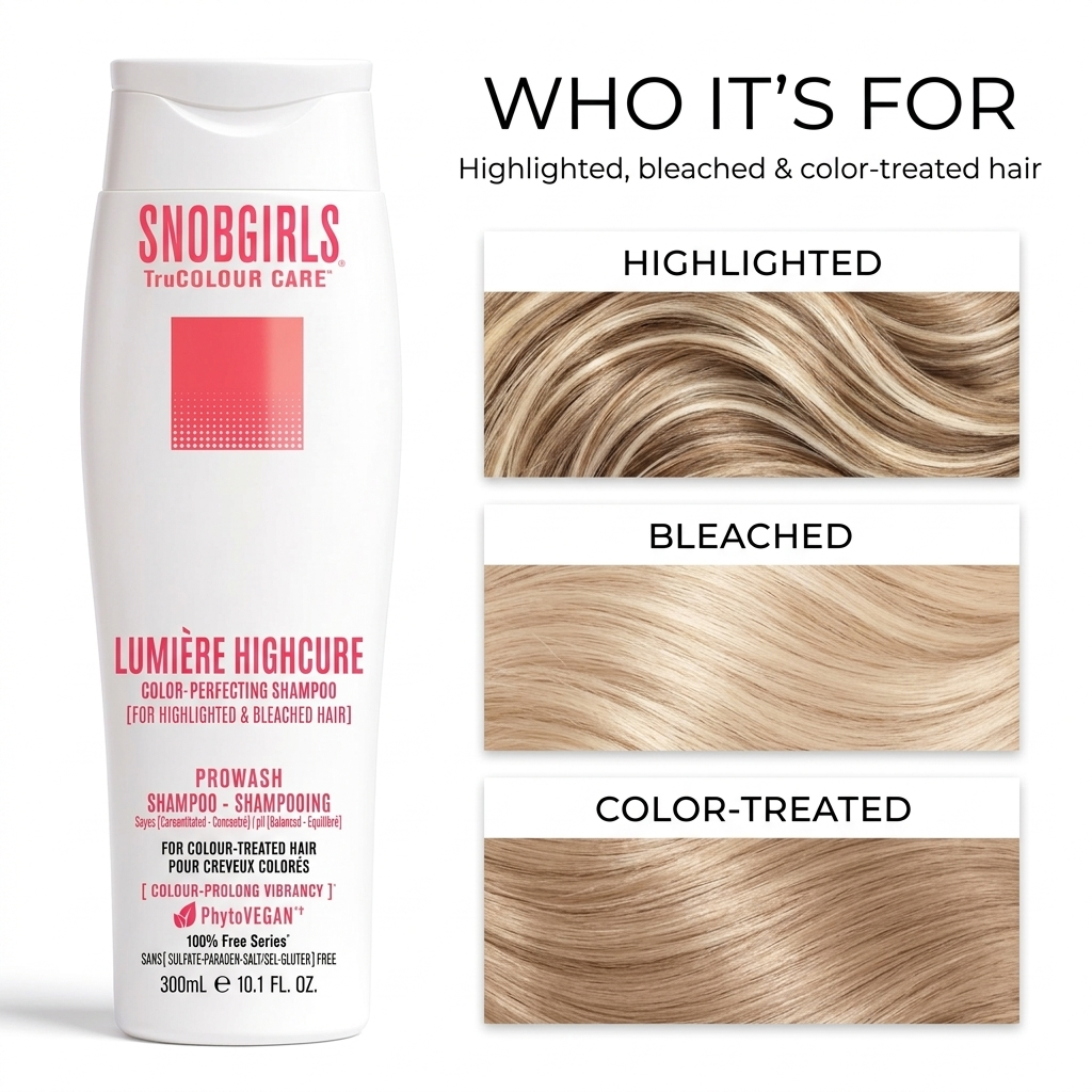 LUMIERE HIGHCURE vegan shampoo bottle for blonde and platinum hair color preservation and shine