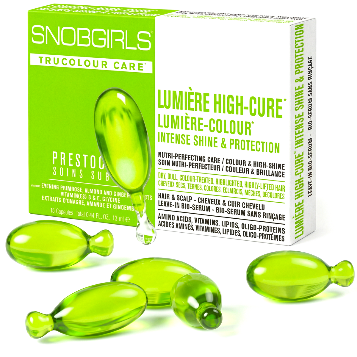 Trio LUMIERE HIGHCURE vegan shampoo, conditioner, and hair oil capsules for bright blonde and platinum hair shine