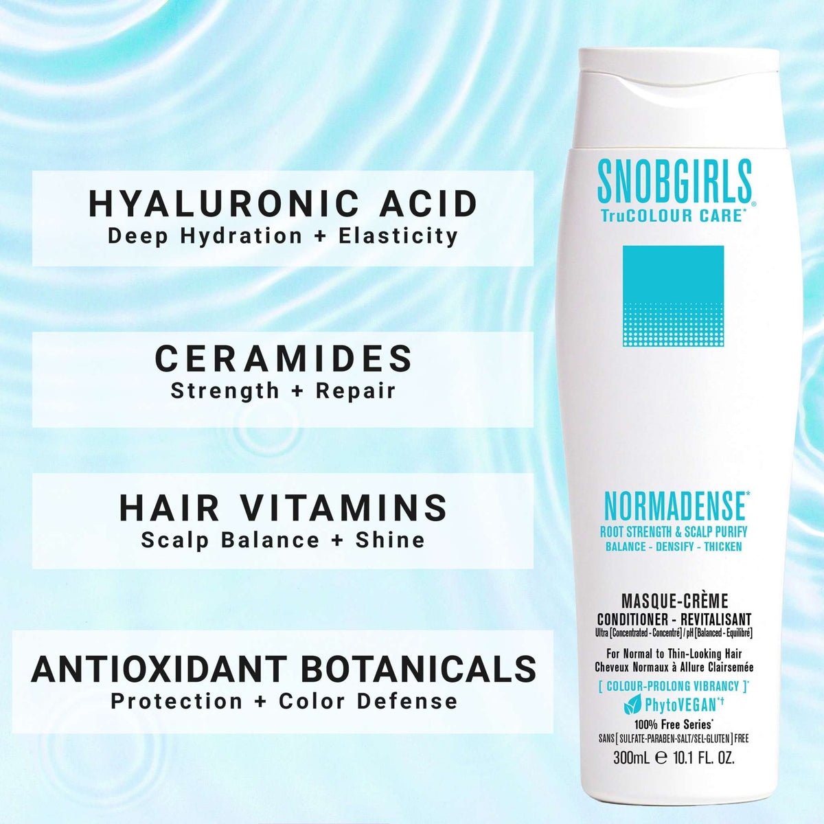 NORMADENSE 2 vegan conditioner for denser, fuller hair with hyaluronic acid, ceramides, vitamins, and antioxidants.