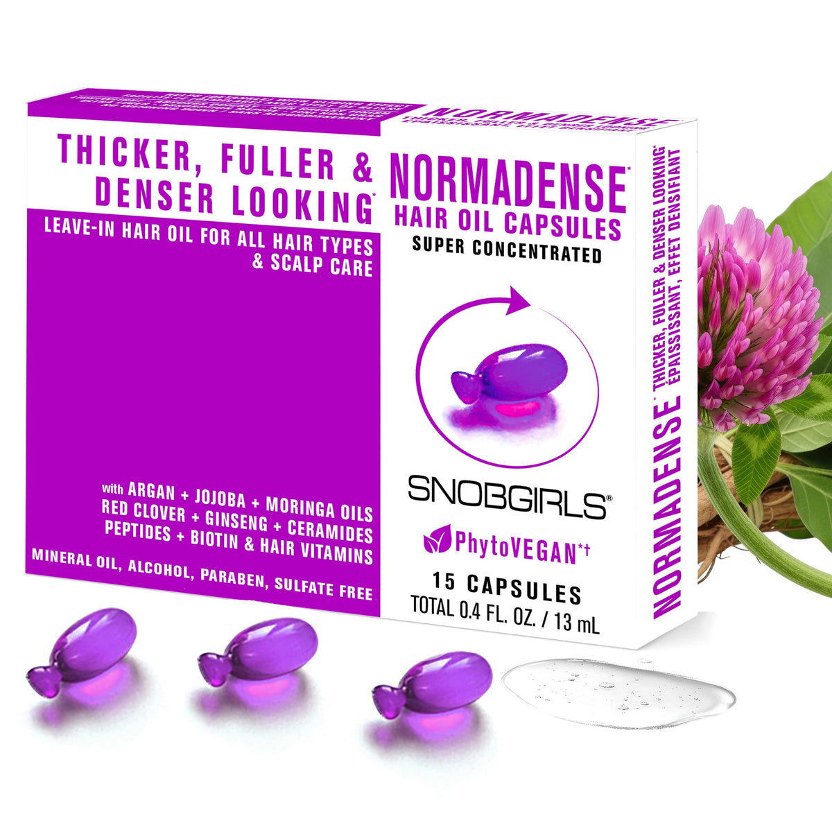 NORMADENSE Vegan Hair Oil Capsules for thicker, fuller, denser hair with argan, jojoba, moringa oils, biotin, peptides, and vitamins in purple capsule form