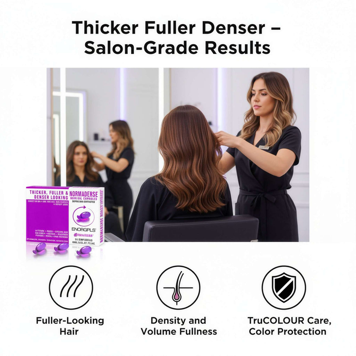 Vegan Shampoo Conditioner trio with Normadense 2 shampoo, conditioner, and hair oil capsules for thicker, fuller, denser hair and color protection