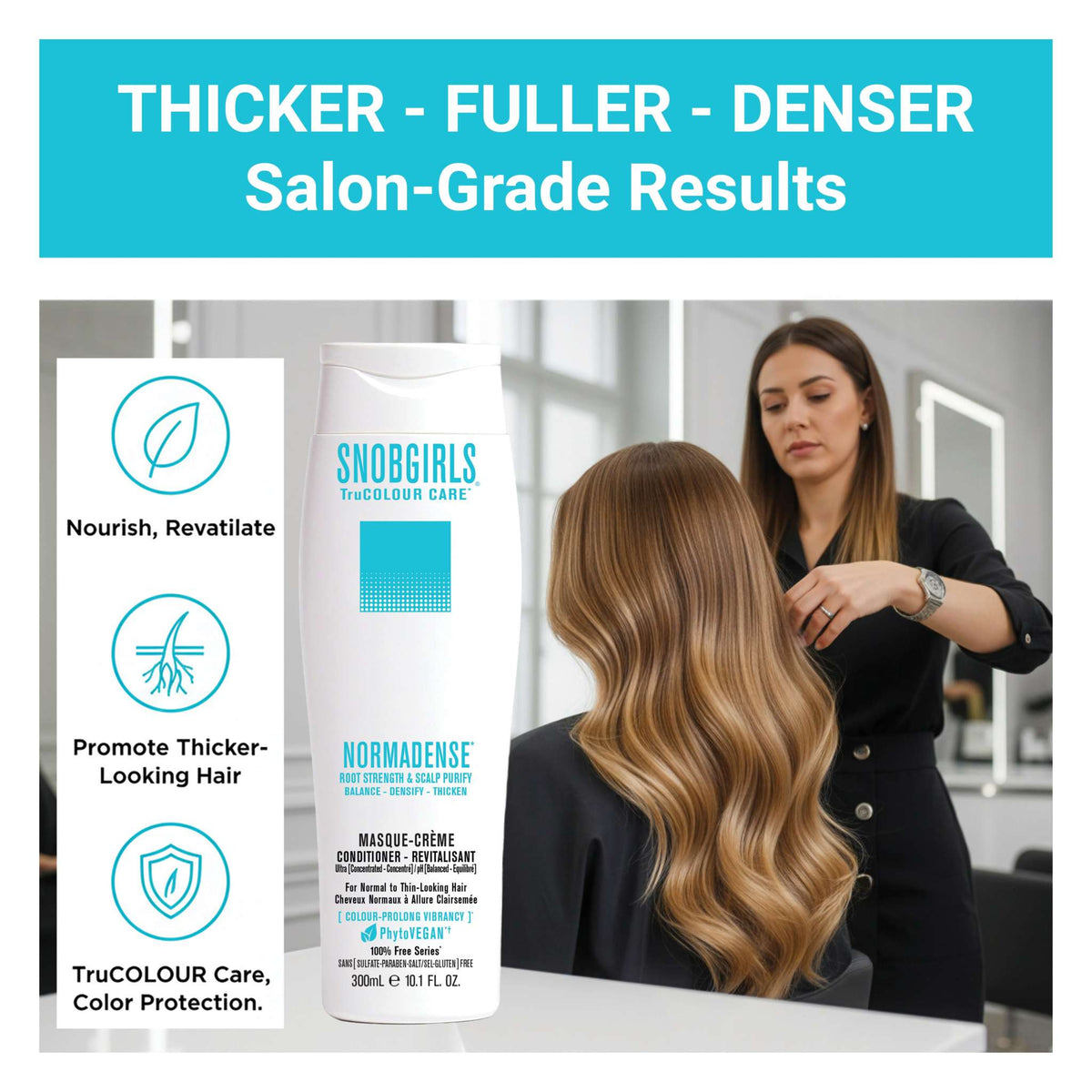 NORMADENSE 2 vegan conditioner bottle with stylist treating long thick hair in salon for fuller, denser look