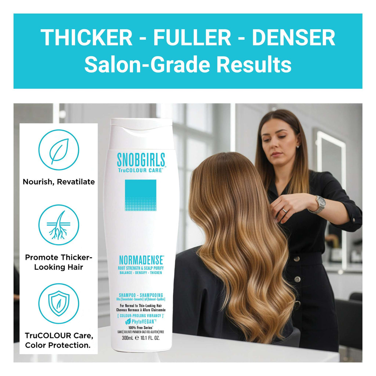 NORMADENSE 2 Shampoo bottle with stylist working on client's thick, fuller, denser hair in salon setting