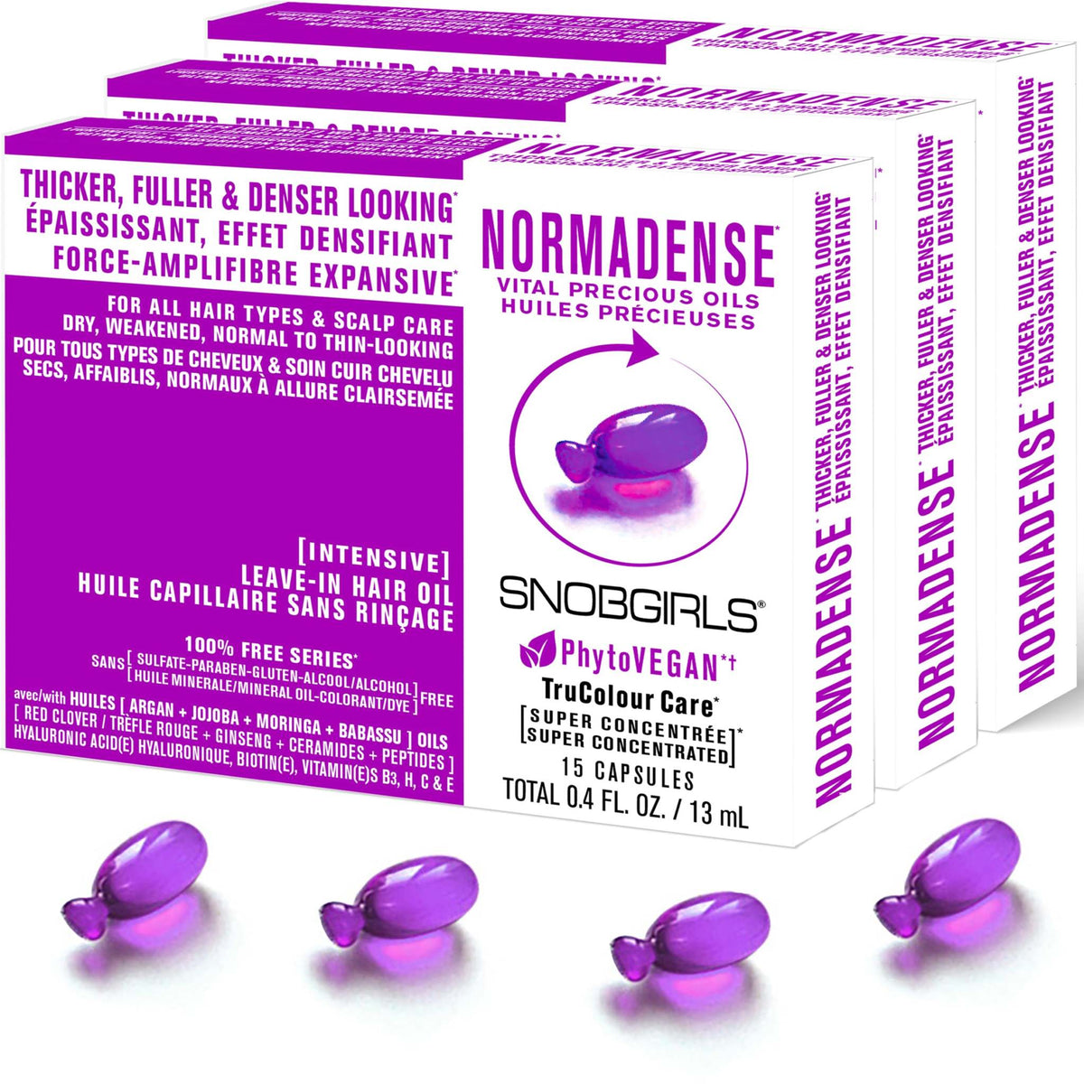 NORMADENSE vegan hair oil for normal to thin hair with argan, jojoba, moringa, and babassu oils in purple packaging
