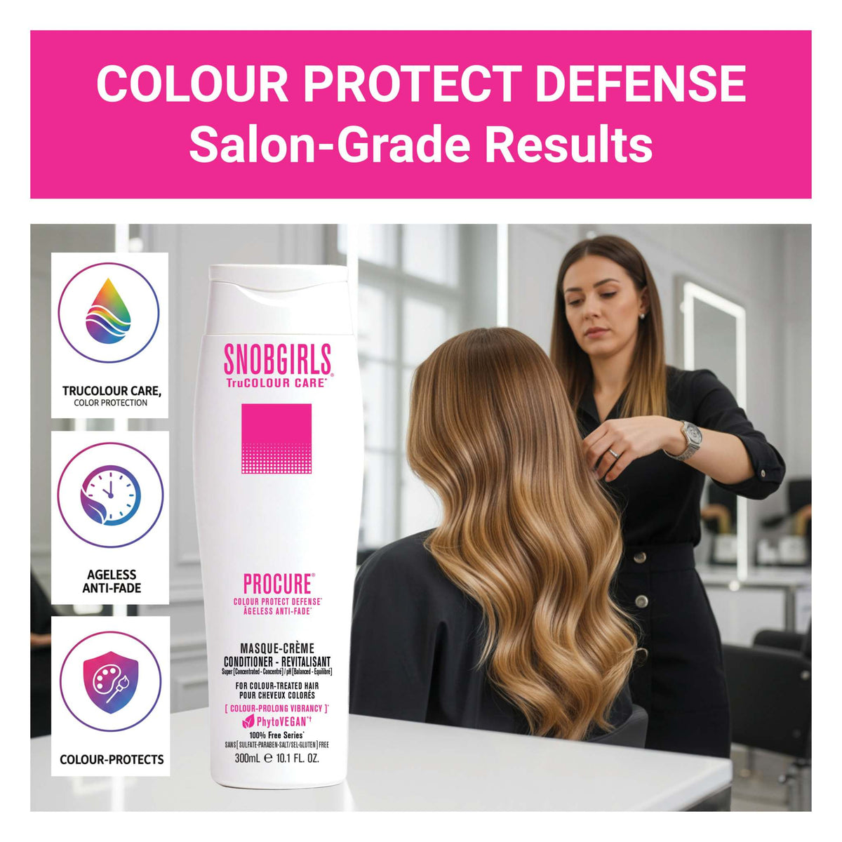PROCURE Vegan Conditioner bottle beside woman with color-treated hair in salon
