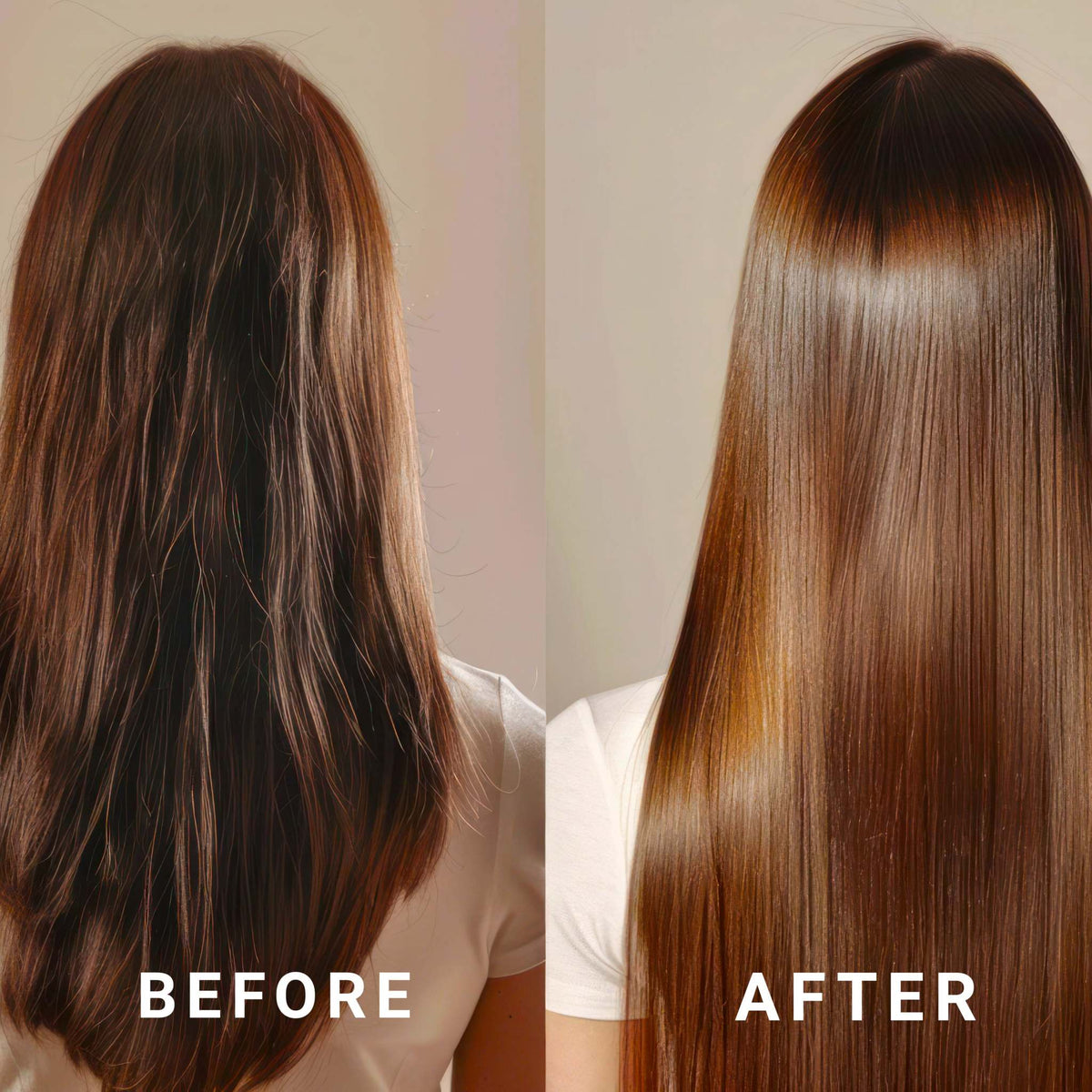 Before and after results of hair treated with PROCURE Colour Protect Defense Shampoo Conditioner Duo showing enhanced shine and smoothness