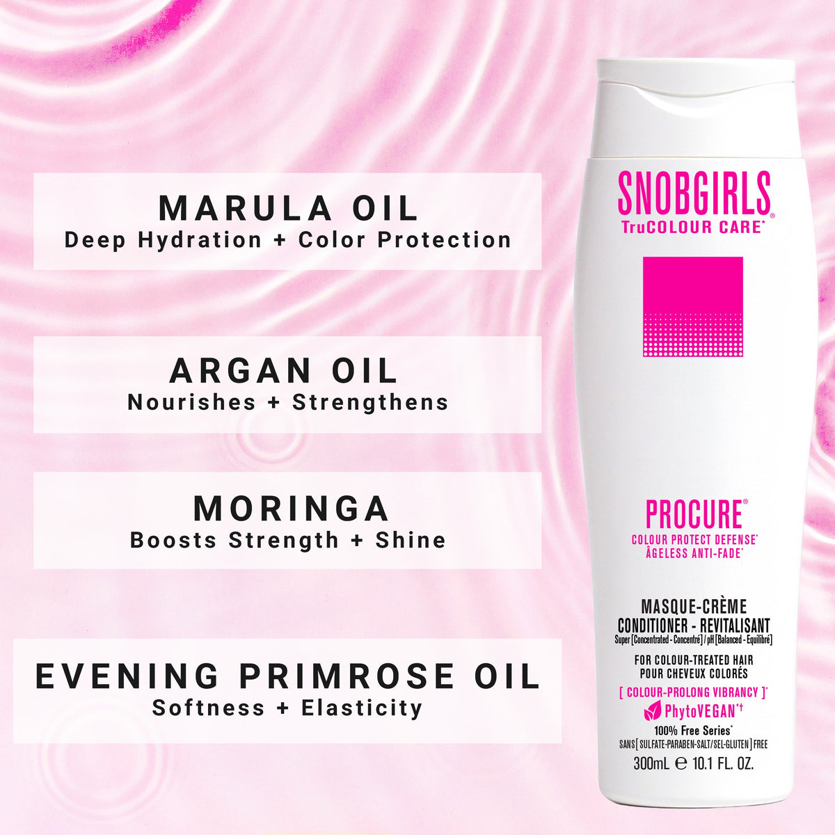 Vegan shampoo conditioner trio with marula, argan, moringa, and evening primrose oils for color-treated hair protection and nourishment