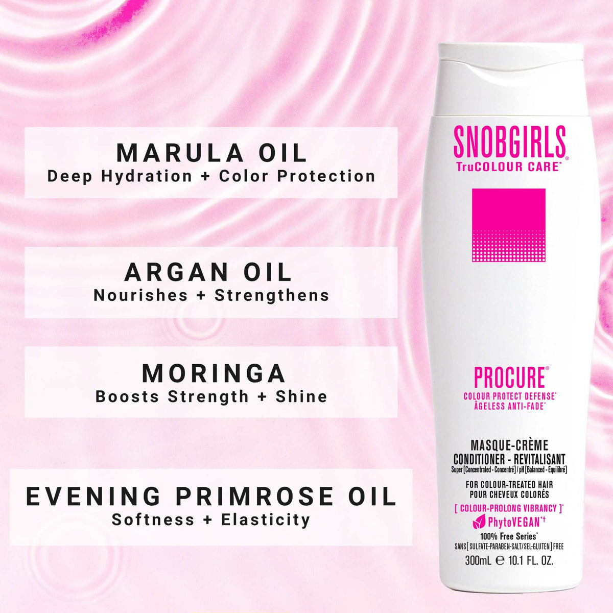 PROCURE Colour Protect Defense vegan conditioner bottle with key oils for color protection and hair nourishment on pink background