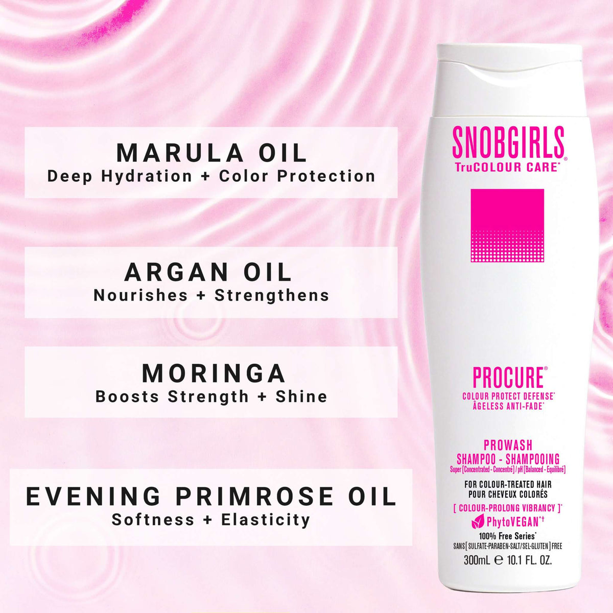 PROCURE Vegan Shampoo 300mL bottle with ingredients marula, argan, moringa, and evening primrose oils for color protection and hair nourishment